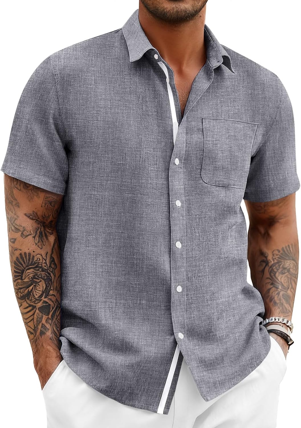Runcati Mens Linen Button Down Shirts Casual Short Sleeve Shirt Summer Beach Wedding Tops with Pocket