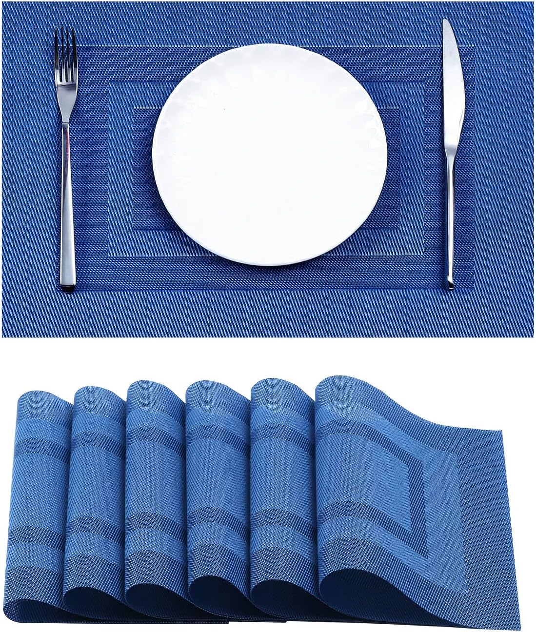 Blue Frame Placemats Set of 6 - Heat Resistant Non-Slip Place mats for Dining Table, Washable Durable PVC Vinyl Woven Table Mats（Blue Frame, 6）