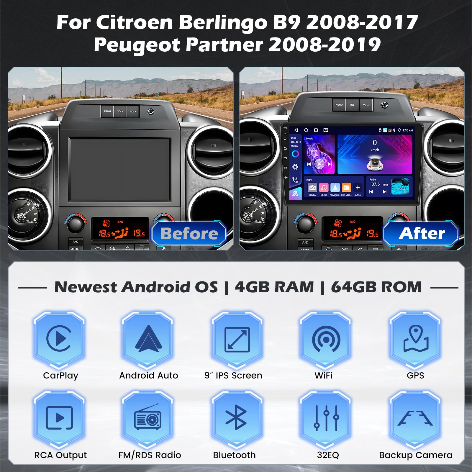 Hikity Autoradio Android 15 4G+64G pour Citroen Berlingo B9 2008-2017/Peugeot Partner 2008-2019 avec Écran Tactile de 9 Pouces, stéréo avec Carplay Android Auto sans Fil FM/RDS GPS WiFi SWC + CAM+MIC