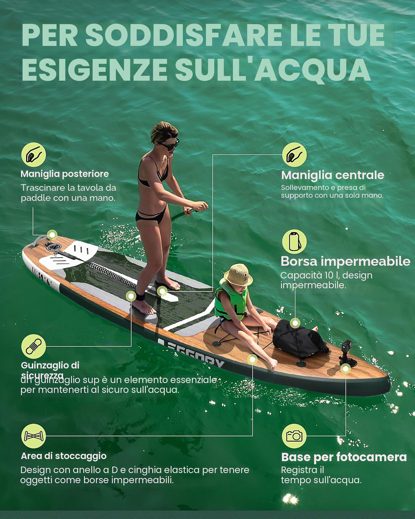 Tavola da surf gonfiabile SUP completa Paddleboard accessori pagaia regolabile, pompa, zaino da viaggio, guinzaglio, borsa impermeabile, tavola per adulti