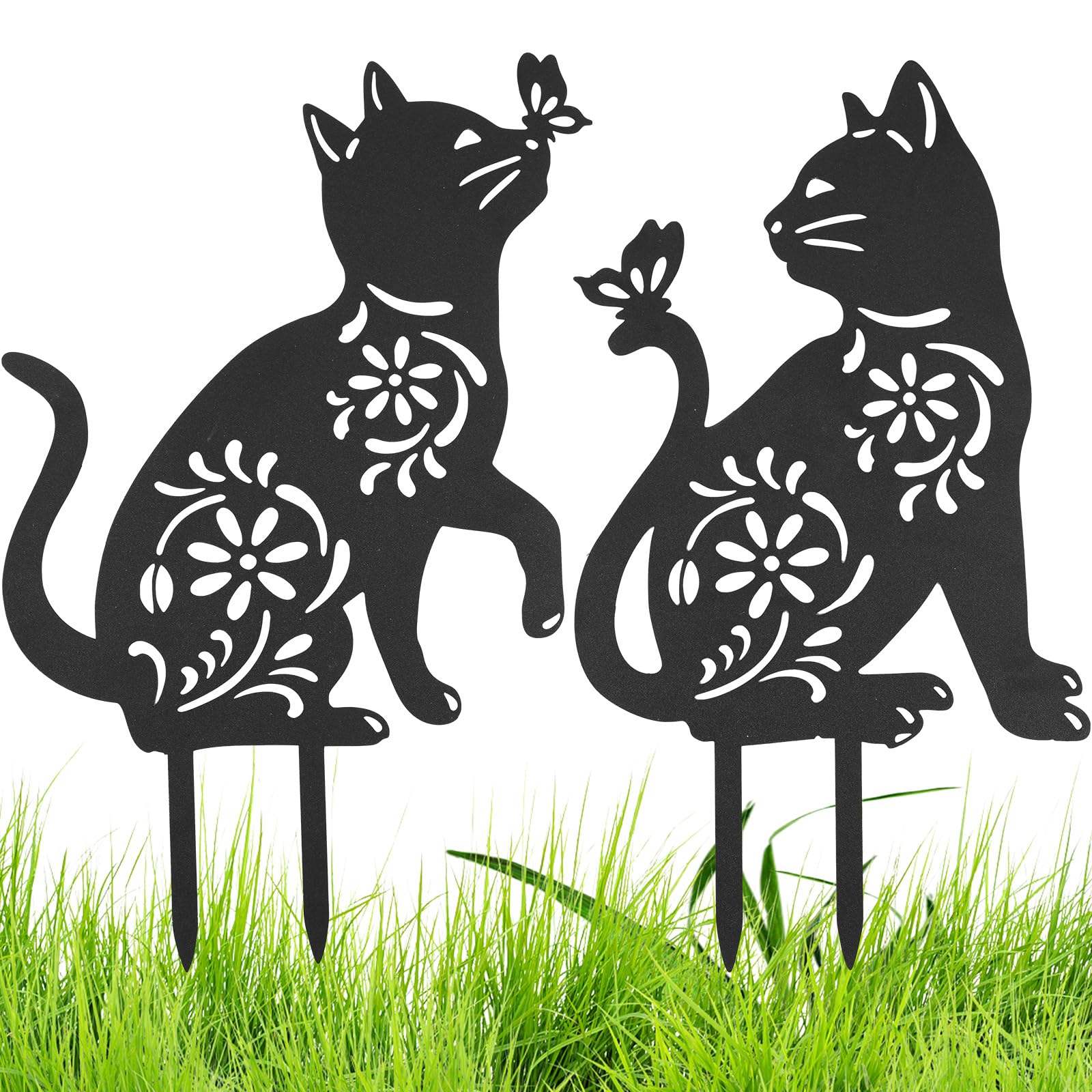 QINGLANG 2PCS Metal Cat Garden Statues Black Cat Silhouette Garden Ornament Decorative Creative Outdoor Decor Stake Animal Garden Lawn Art Decor for Home Yards Patio Garden Backyard (Cat)