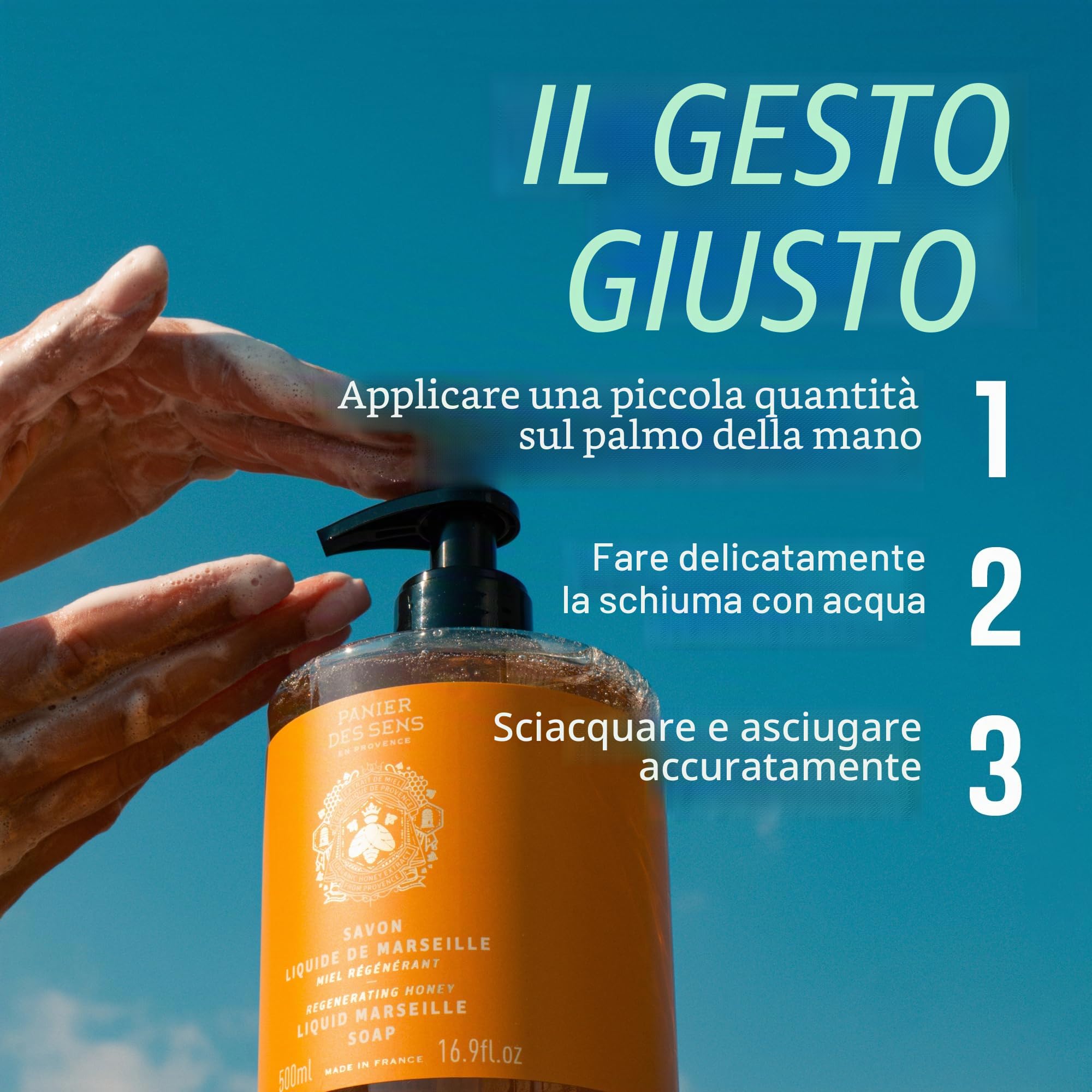 Panier des Sens - Sapone Liquido di Marsiglia Miele - Sapone Mani Idratante - con Olio di Cocco ed Estratto di Miele Biologico - 97% di Ingredienti Naturali - Sapone Mani Made in France - 500ml