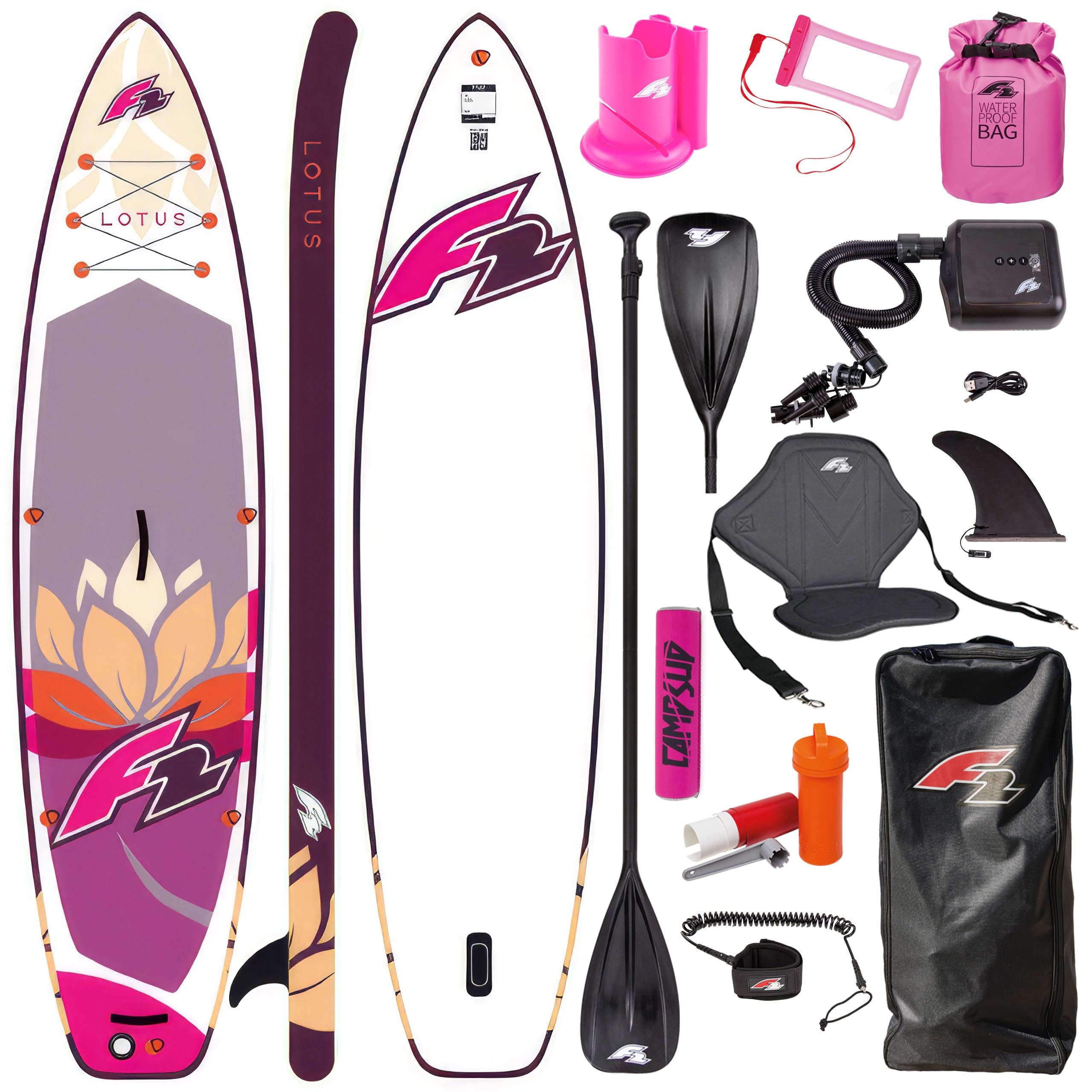 F2 Multiset SUP Board aufblasbar, Stand Up Paddle Board Set mit Kajaksitz, elektrischer Pumpe und Zubehör, Allround oder Touring je nach Variante
