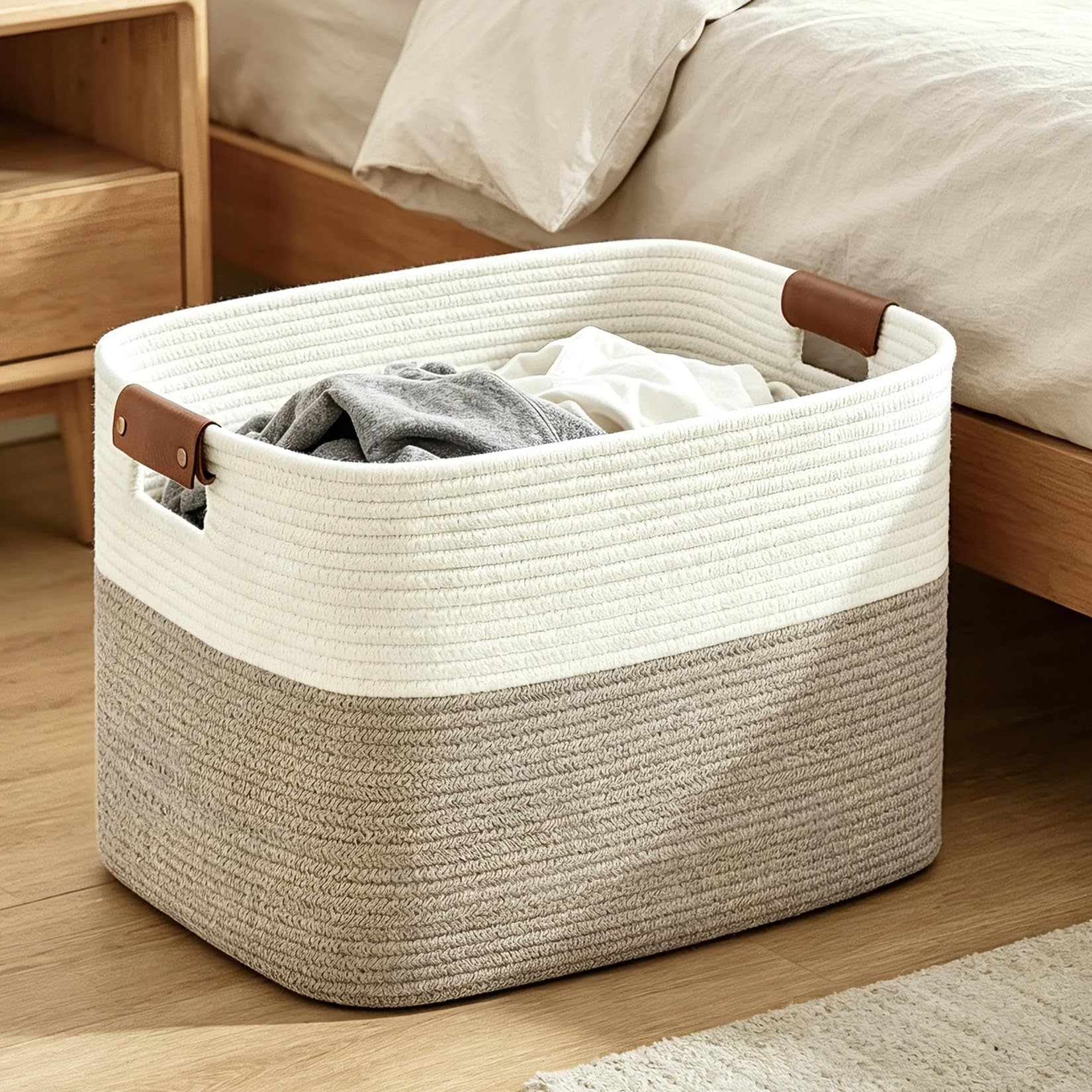 NIULAA 60L Cotton Rope Laundry Basket With Leather Handles