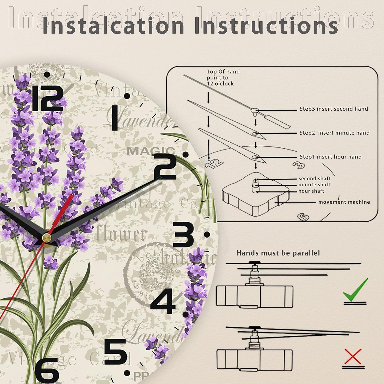Vintage Floral with Lavenders Wall Clock Silent Non-Ticking Battery Operated Clock 10 Inch, Home Decor for Living Room, Kitchen, Bedroom and Office