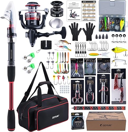 Goture Caña de pescar giratoria y carrete combos telescópicos de pesca+ carretes giratorios precargados con bolsa de transporte, kit para viajes de