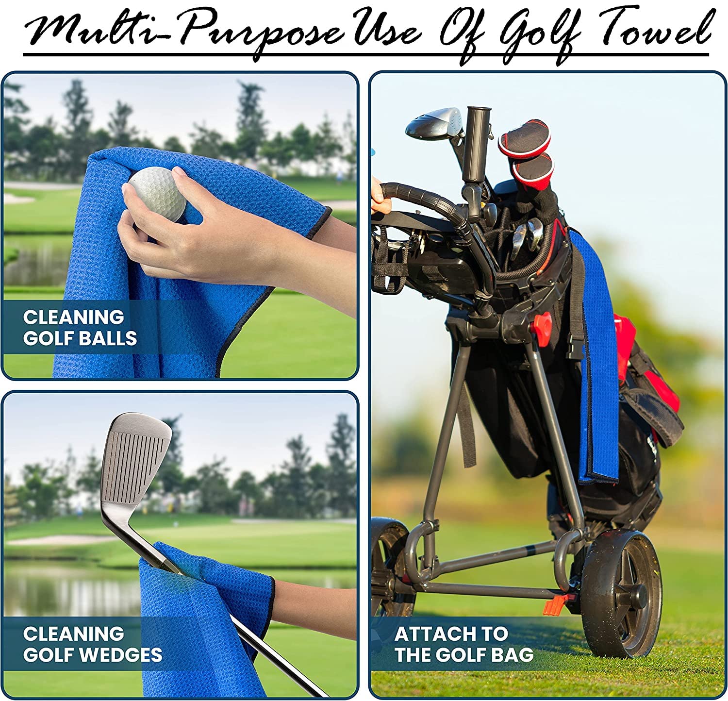 Paquete de 3 toallas de golf de microfibra, fuerte calidad absorbente con tecnología de pétalos de naranja, toalla de golf para bolsas de golf para hombres, tamaño adecuado para bolsa de carrito de