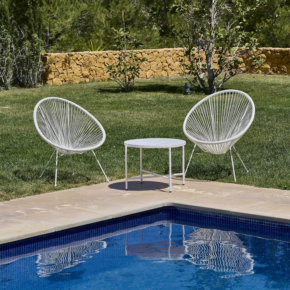 LOLAhome Pack 2 Sillones de jardín Acapulco Color Natural| Cuerdas de Rattan PE y Acero Blanco| 72x77x84 cm | con Topes de Goma, Resistente hasta 120kg | para Interior y Exterior | Acapulco