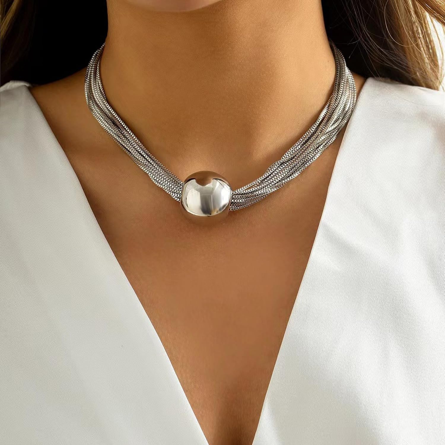Chunky Silver Bead Stackable Chain Choker Necklace for Women, Minimalist Multiple Chain Layered Sphere Pendant Short Necklaces Statement Prom Party Jewelry Gifts