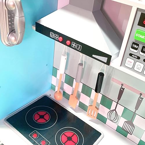 Miniatura 9 de Lil' Jumbl Juego de cocina azul para niños, cocina de juego de madera de simulación, máquina de hielo a pilas, microondas, campana extractora,