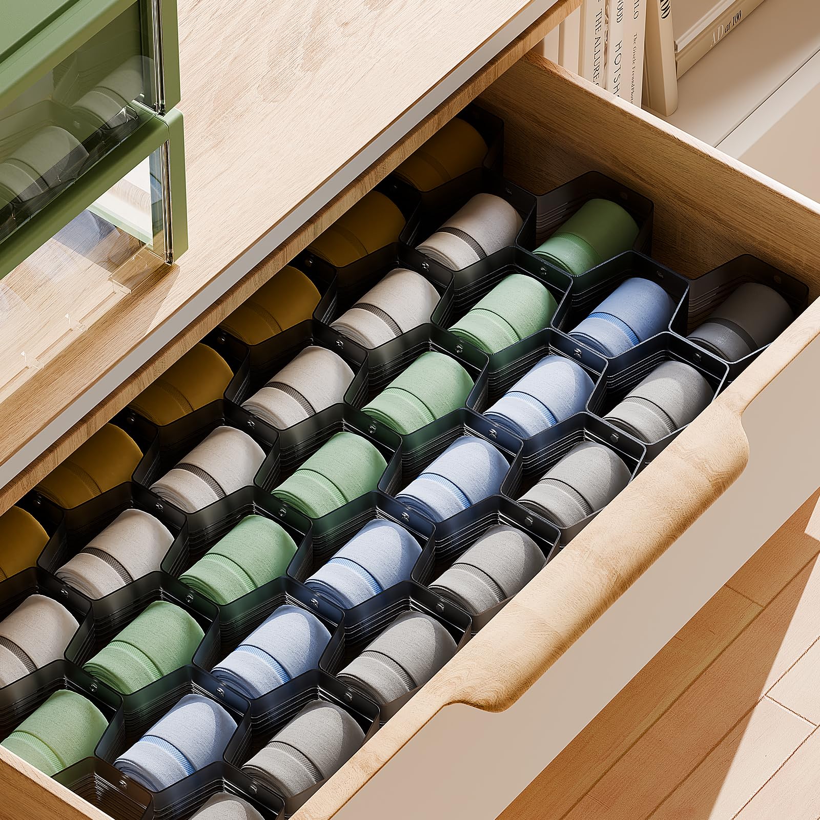 Schubladenteiler mit Wabenstruktur, verstellbar, für Unterwäsche, Gürtel, Socken, Organizer, Schwarz (2 Stück)