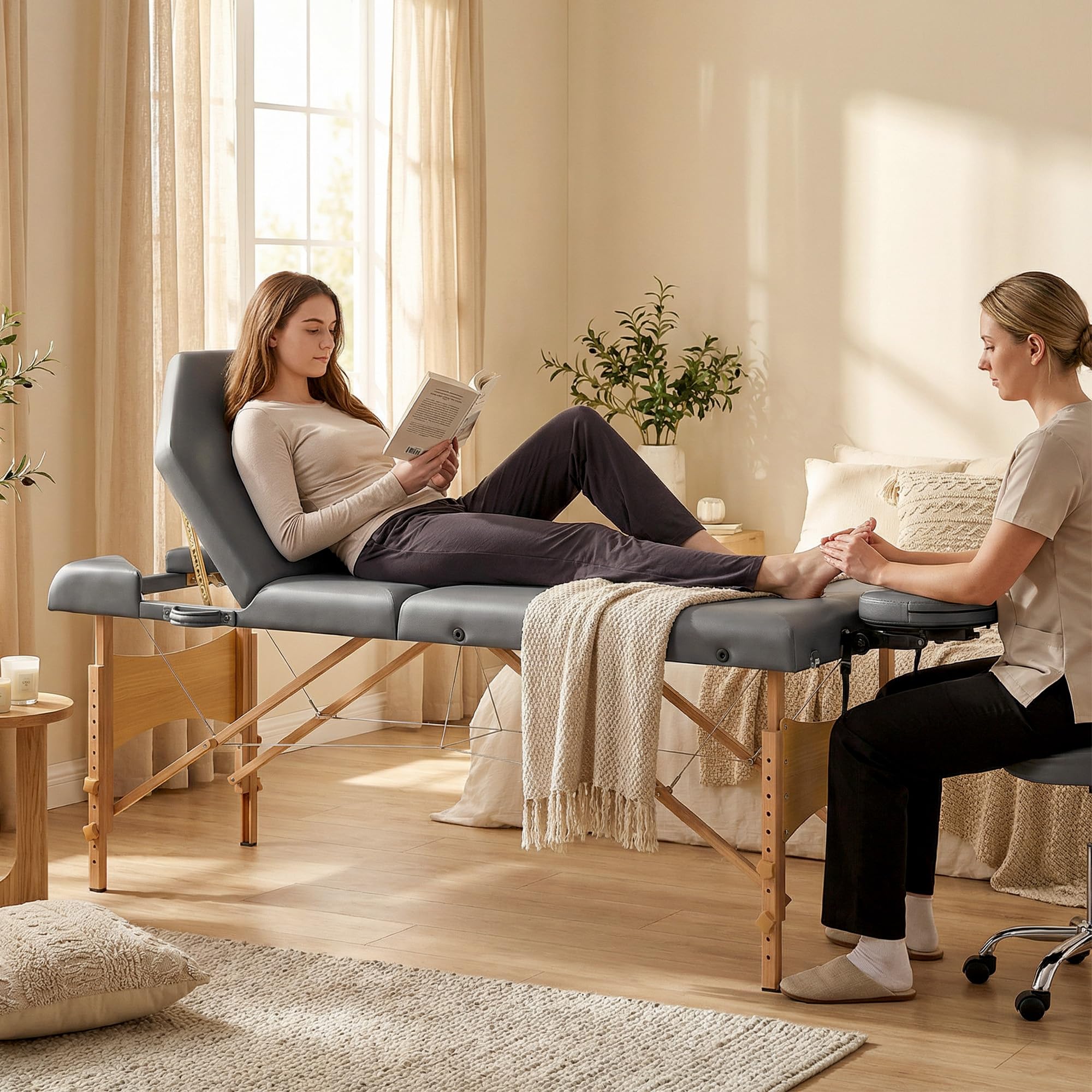 HOMCOM Table de Massage Pliante, lit de Massage 3 Zones Portable 185 x 60 cm, Hauteur et Dossier réglables, Appui-tête, accoudoirs, Repose-Bras, Table esthétique Tatouage en Bois de hêtre, Gris