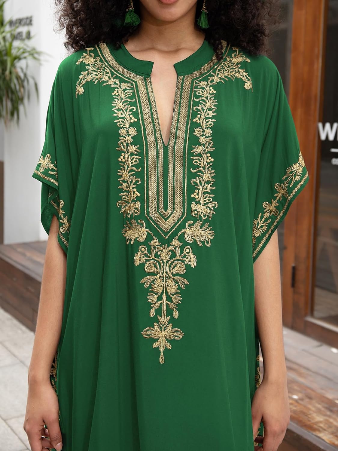 Women Embroidery Golden V Neck Arabic Dubai Kaftan Casual Beach Wear Cover Up Side Split Long Dress Blackish Green - Image 5