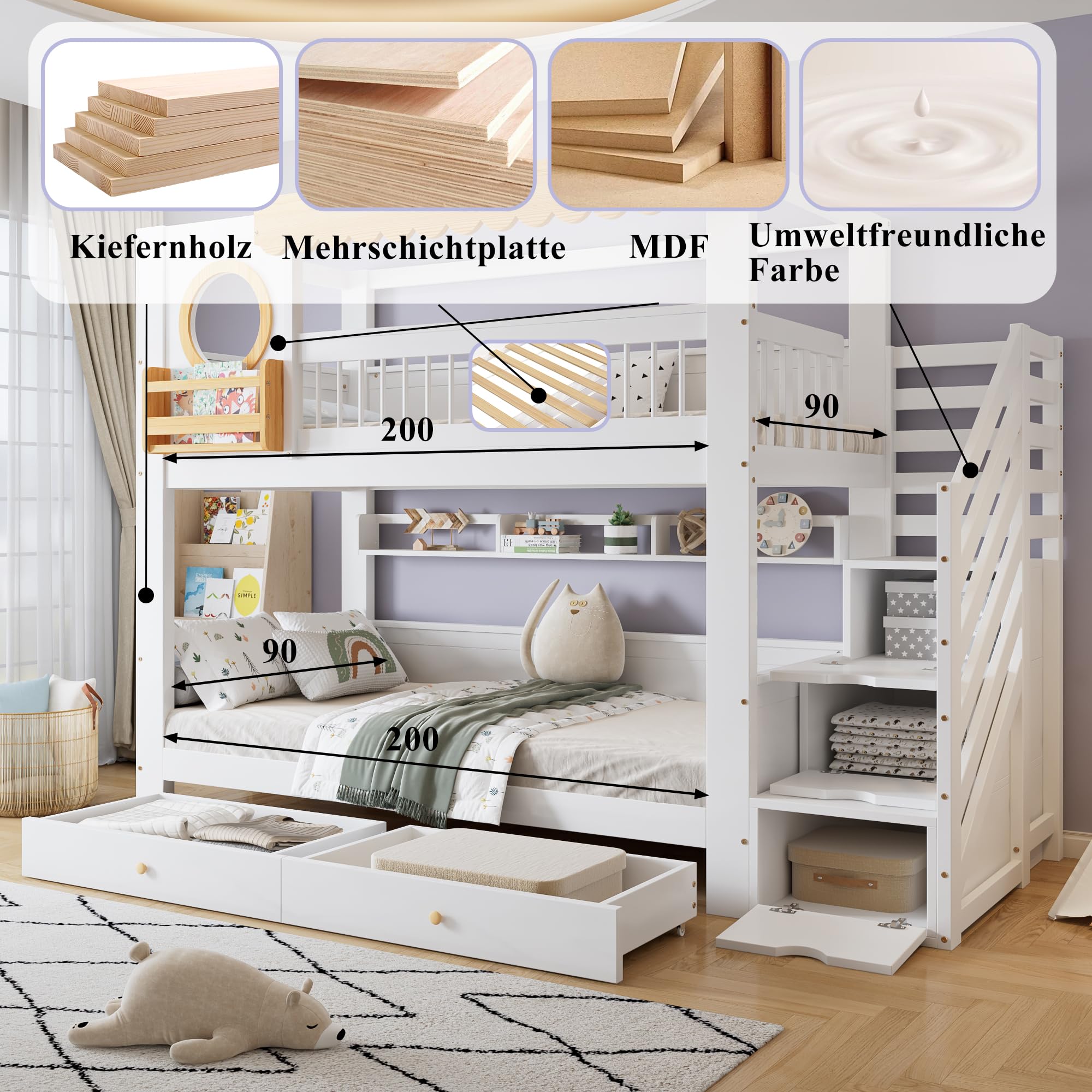 Dolamaní Cama infantil litera, 90 x 200 cm, litera para 2 niños y 2 cajones con ruedas, cama de casa con espacio de almacenamiento, escalera de madera de pino MDF, cama para niñas (sin colchón