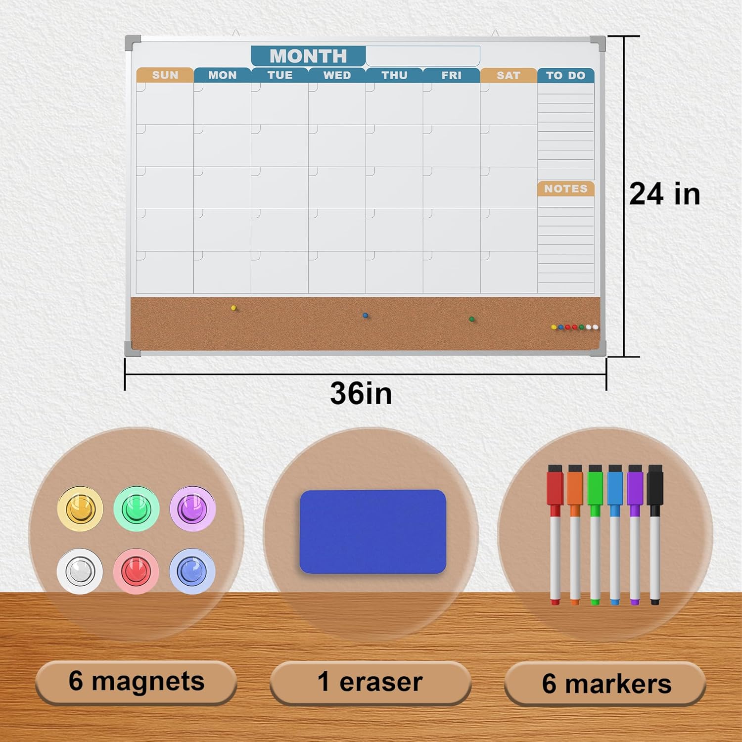 Monthly Calendar Dry Erase Board 36x24 Inch, Double-Sided Whiteboard and Corkboard Combo with Silver Aluminum Frame (Color Calendar), Wall Mounted Planer with Marker, Magnet, Push Pin, Eraser