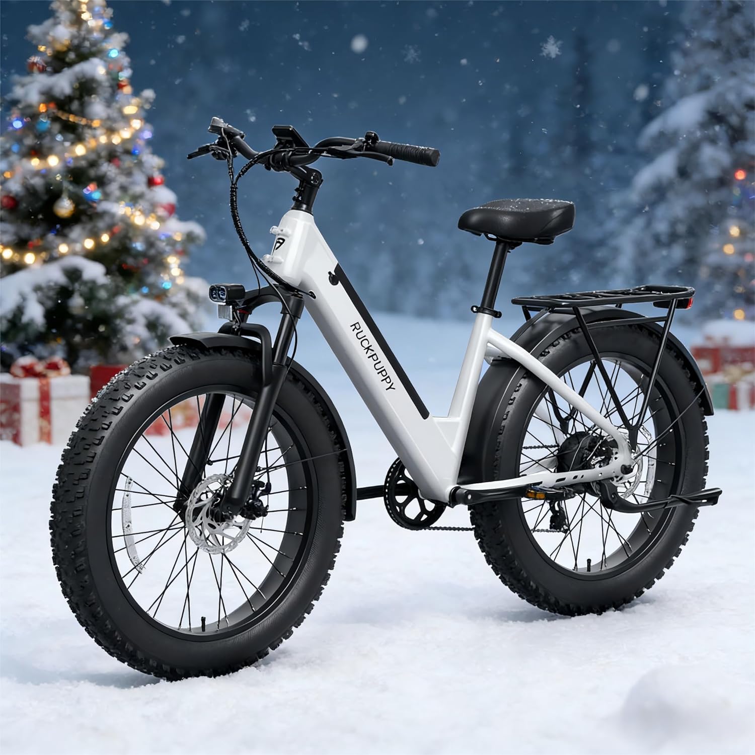 PUCKIPUPPY Electric Bike for Adults 960W Peak, 48V 15AH Removable Battery Electric Bicycle, 28MPH Commuter E-Bike, 7 Speed, Up to 60 Miles,All Terrain 26″ Fat Tire Front Suspension, Samoyed