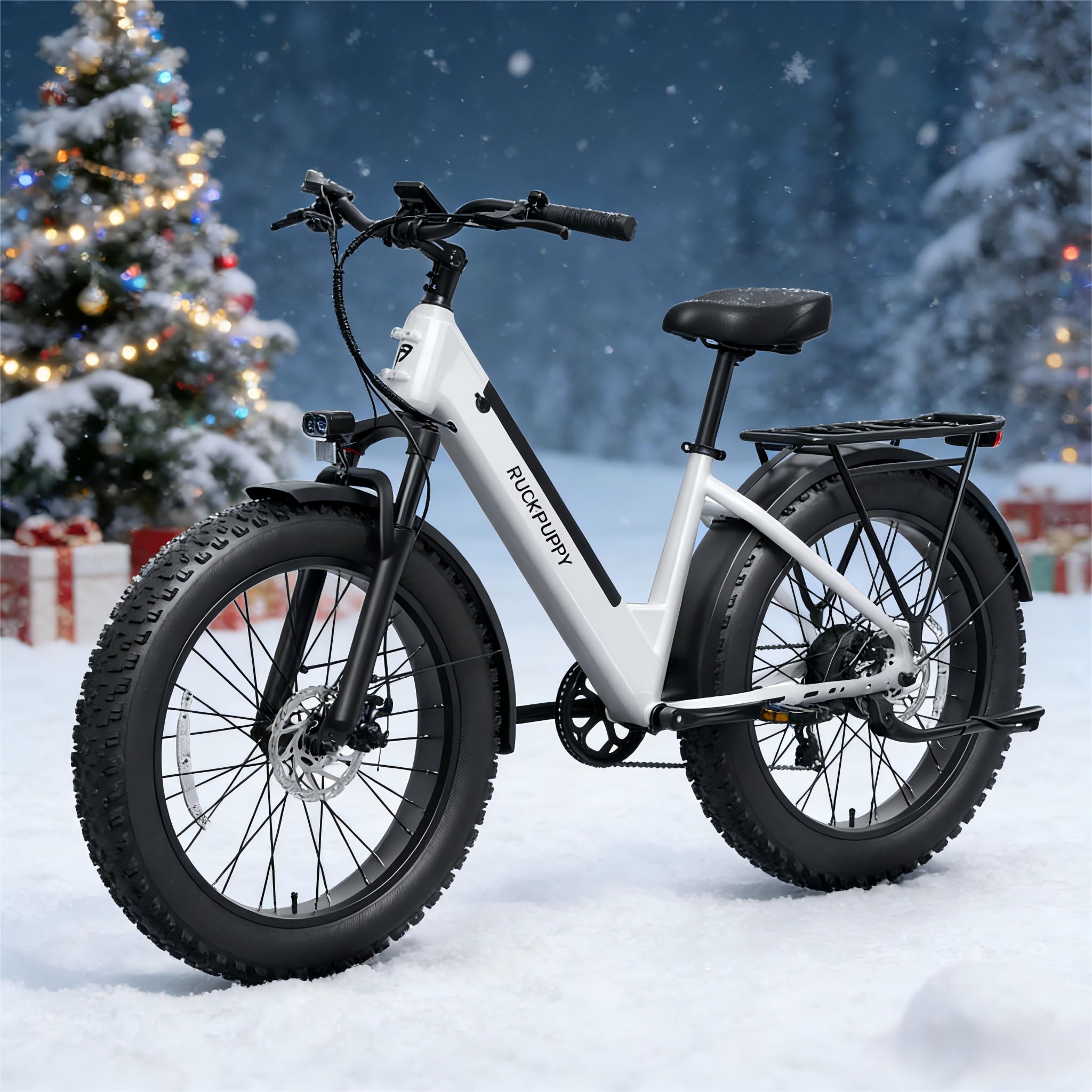 PUCKIPUPPY Electric Bike for Adults 960W Peak, 48V 15AH Removable Battery Electric Bicycle, 28MPH Commuter E-Bike, 7 Speed, Up to 60 Miles,All Terrain 26" Fat Tire Front Suspension, Samoyed