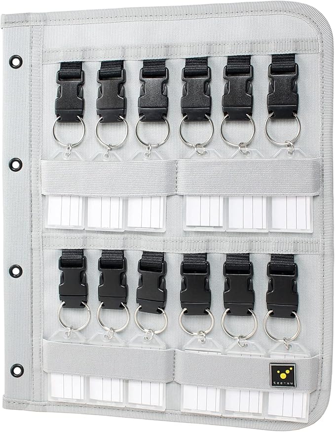 tee-uu KEYBOARD Schlüsselboard (DIN A4) | ideal f. Aktenordner u. Ringbuchsysteme | 12 Schlüsselpositionen | abnehmbare Schlüsselclips & -anhänger | Beschriftungsvorlage | 4er Lochung
