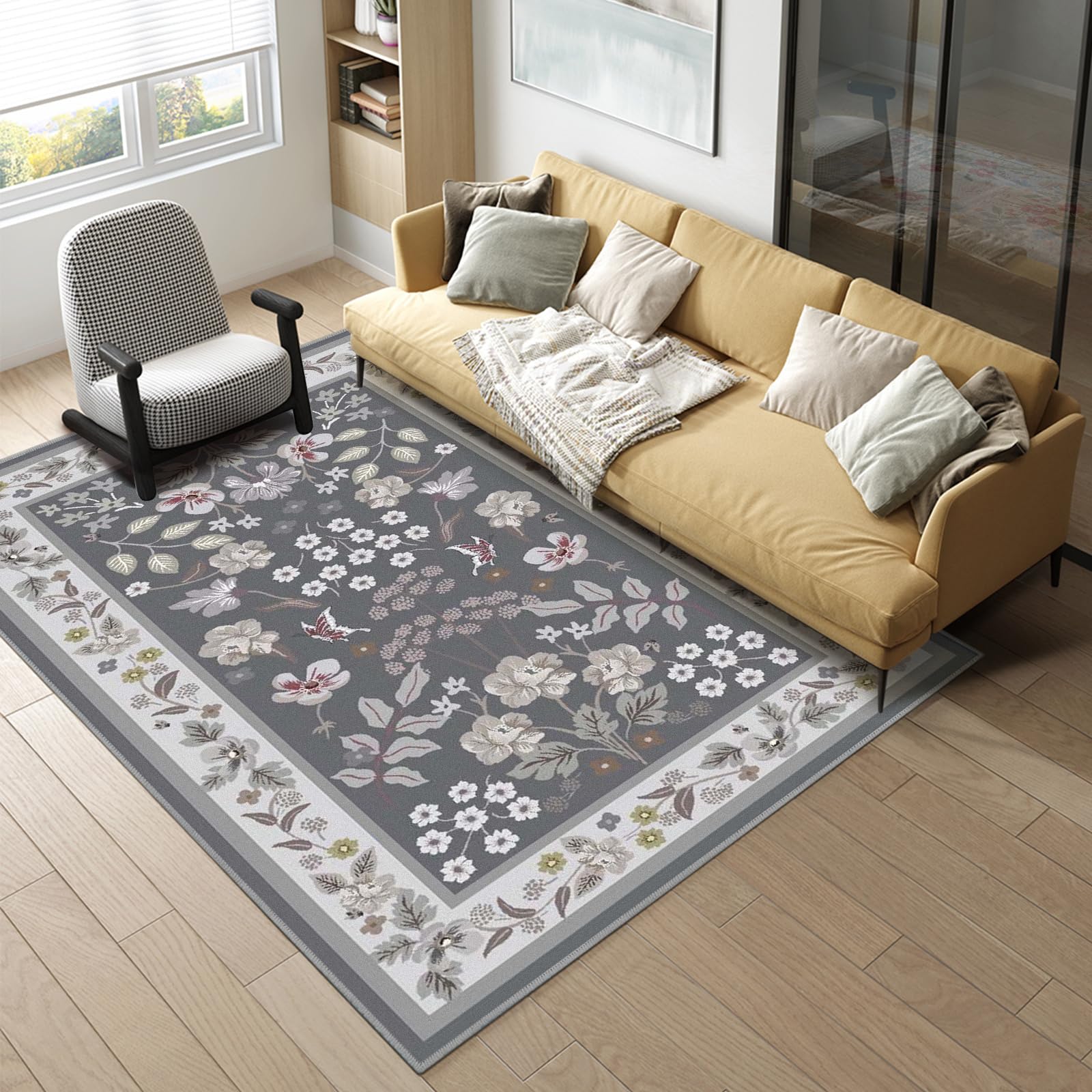 Azadx Living Room Rug 5x7 Rug Washable Area Rug Floral Rugs with Rubber Backing Non-Slip Large Rugs for Living Room, Bedroom, Farmhouse, Dining Room