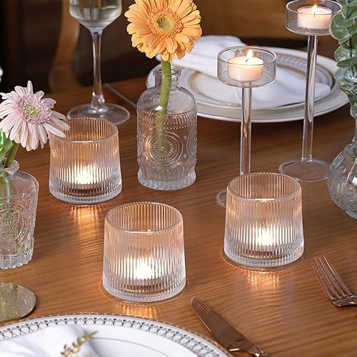 Miniatura 7 de DARJEN Portavelas votivas transparentes acanaladas, paquete de 6 portavelas de vidrio para centro de mesa, decoración del hogar, decoración de boda,