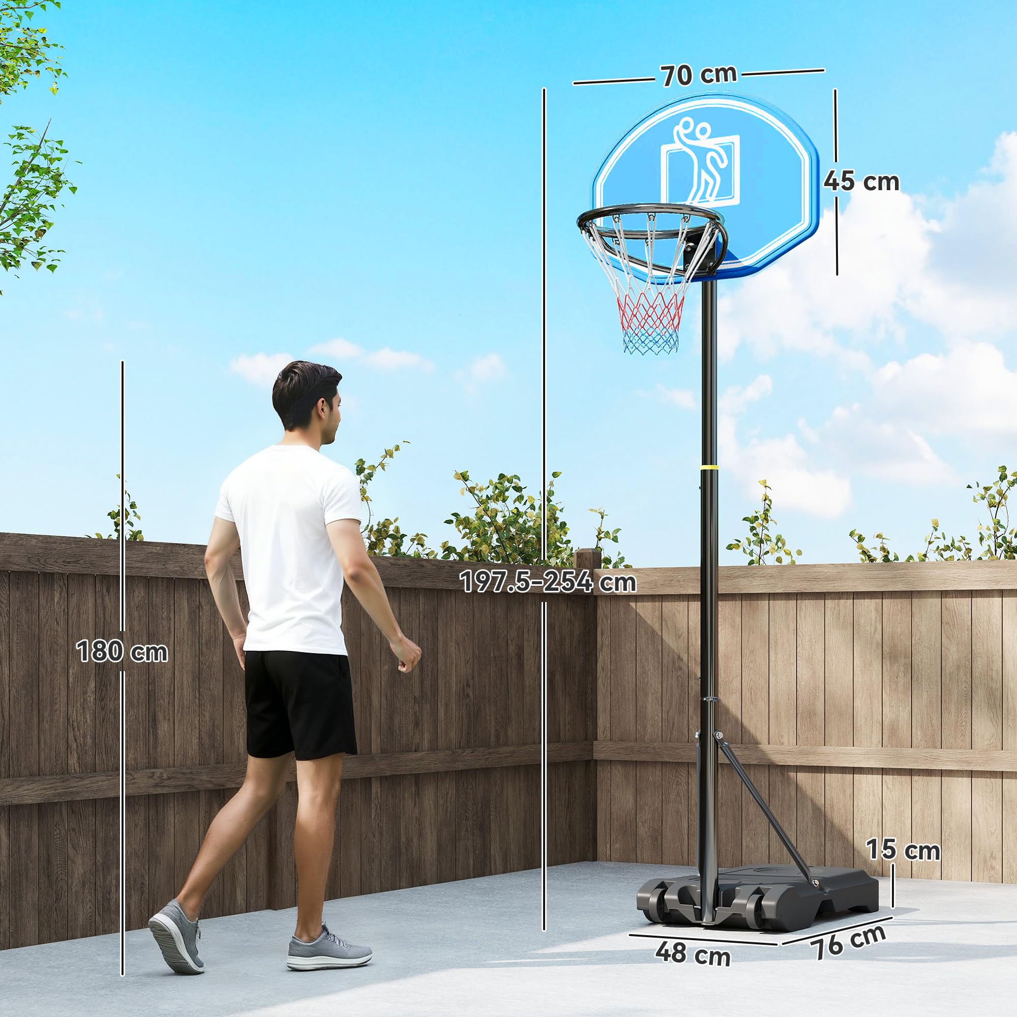 HOMCOM Canestro da Basket Altezza Regolabile 197.5-254 cm, Canestro Trasportabile con Ruote e Supporto, Blu