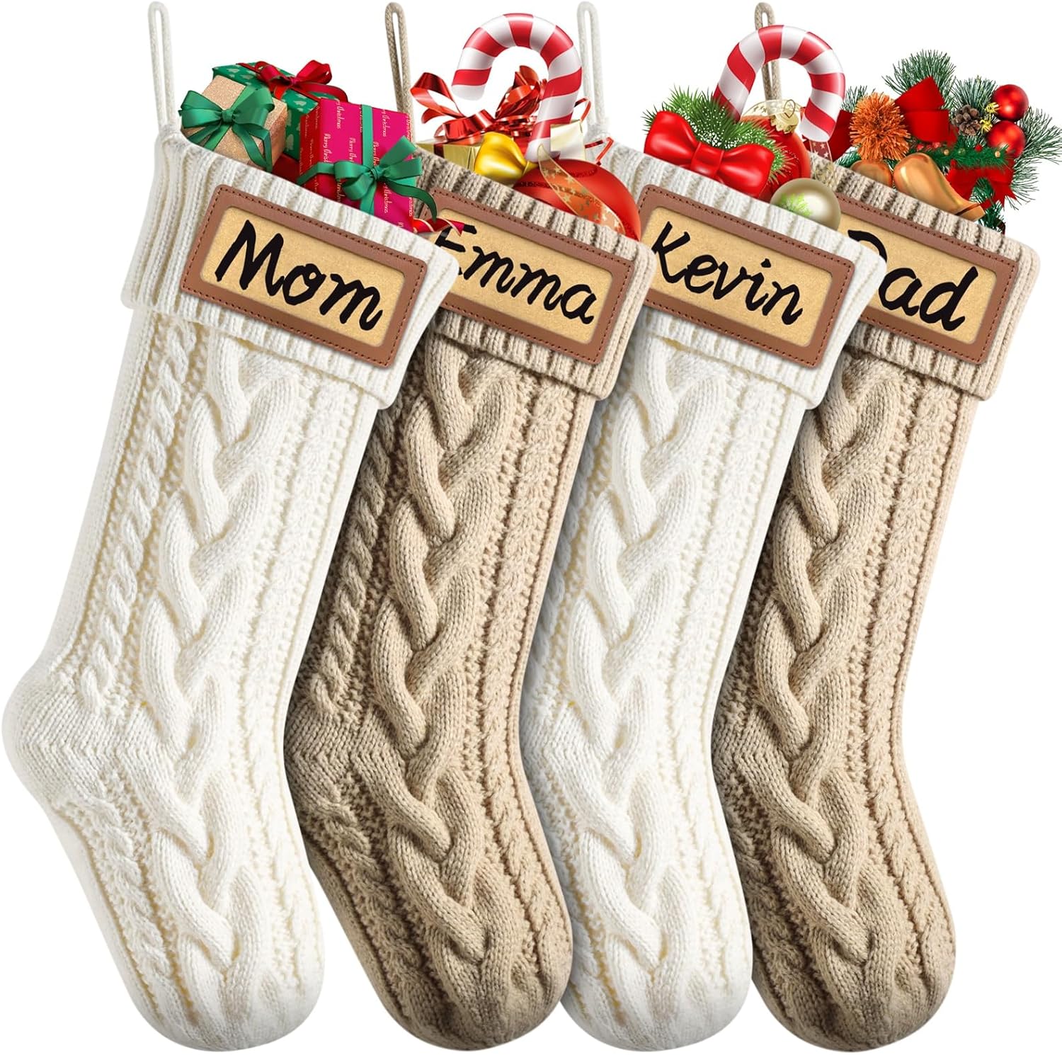 dalzom® 4pcs personalized christmas stockings with leather patches custom name, 18” premium large knitted christmas stockings for kids, family, holiday and fireplace party decoration ivory, flaxen