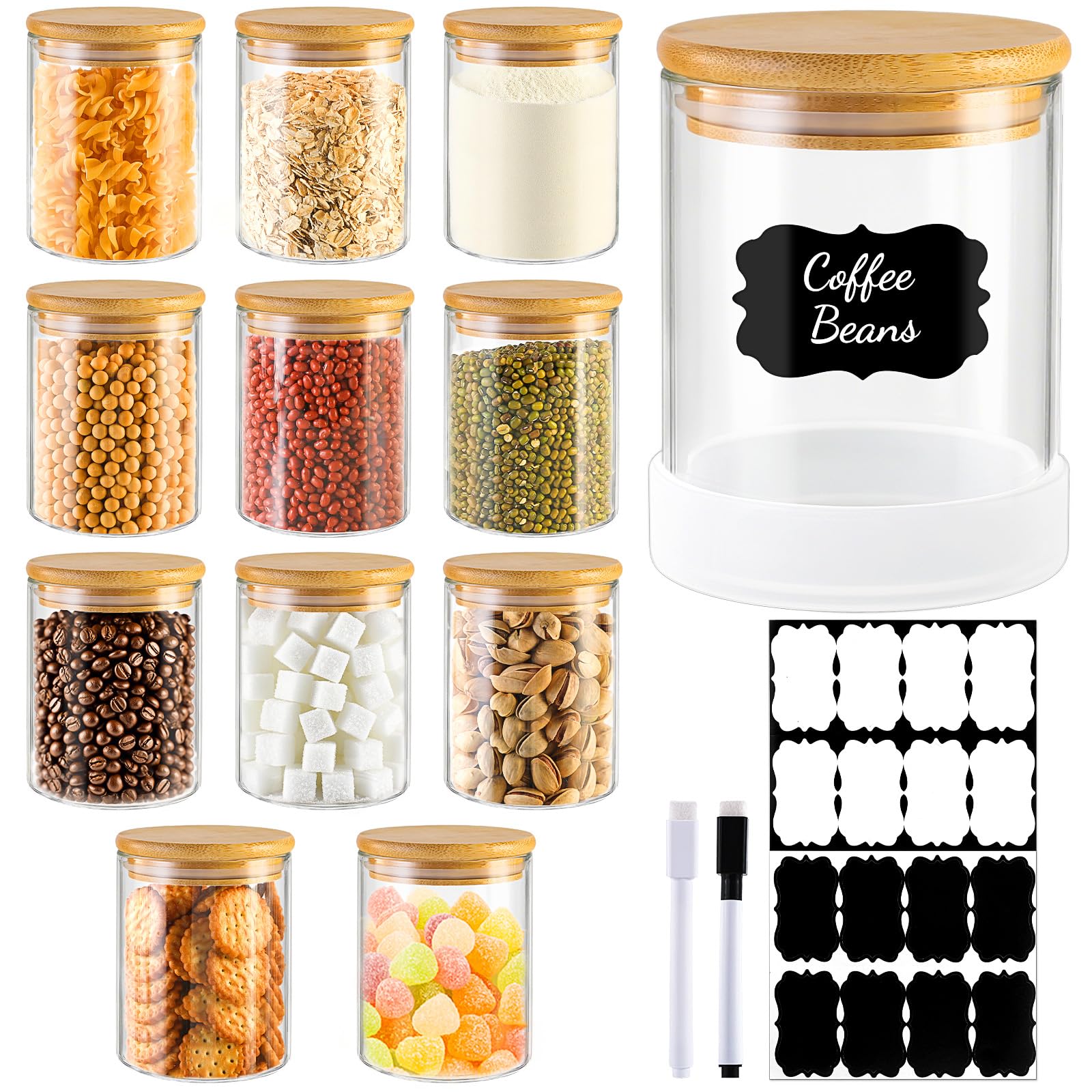 TBWIND 17oz Round Glass Storage Containers with Bamboo Lids – 12 Pack Small Airtight Clear Spice Jars for Pantry Organization, Kitchen Dry Food, Flour