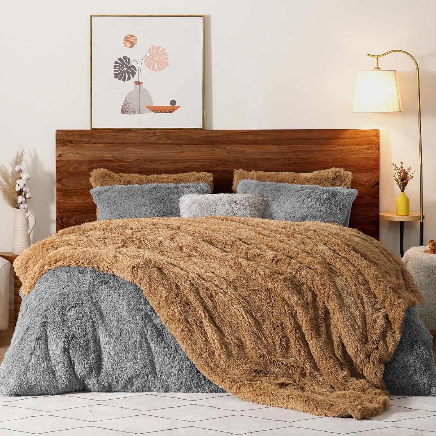 PHF Luxury Fuzzy Faux Fur Queen Blanket, Soft Shaggy Plush Comfy Blanket, Warm Thick Fluffy for Couch, Bed, Chair, Sofa, Furry Elegant Throw for Home Decor, Taupe, 90" x 90" - Image 5