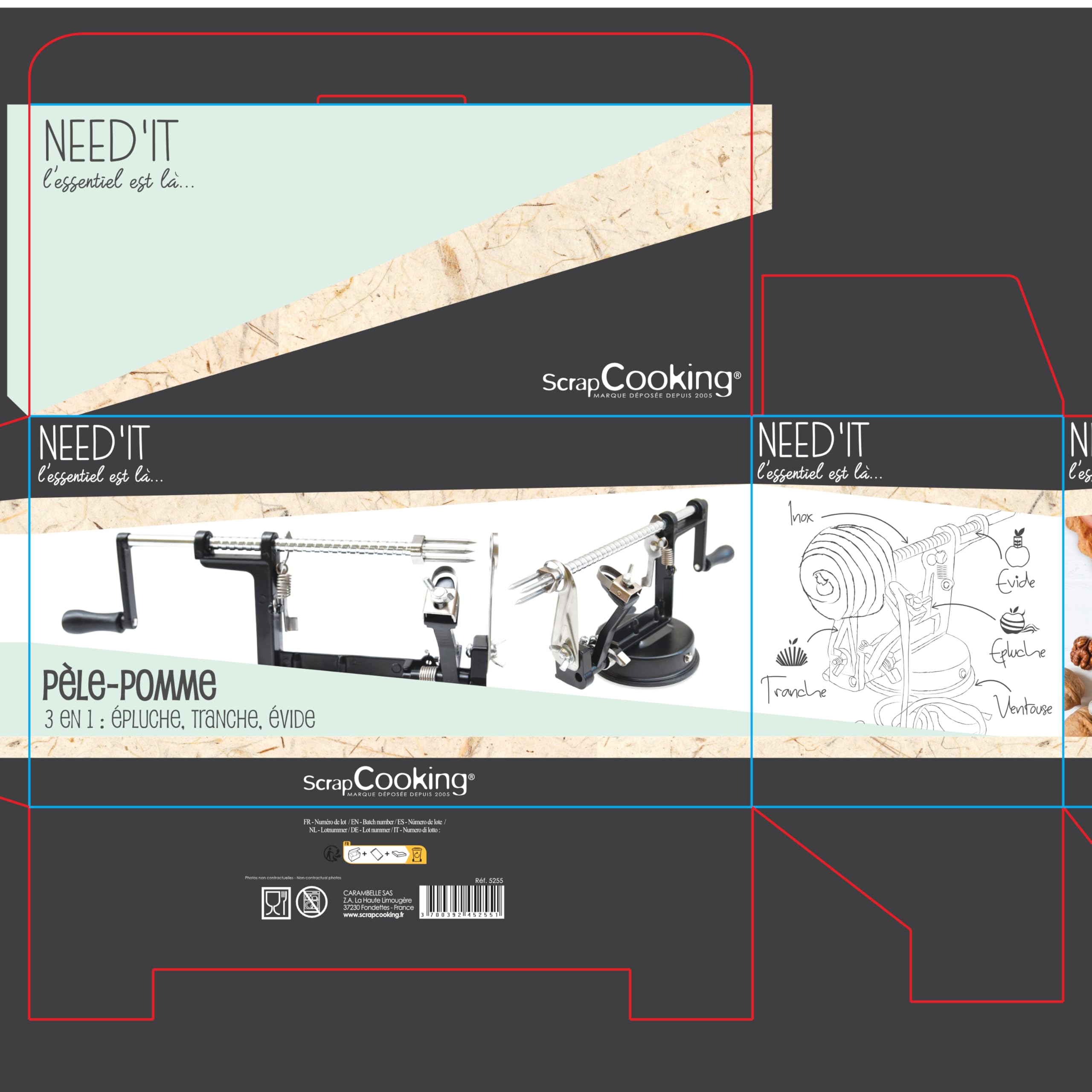 ScrapCooking - Pelador de Manzanas 3 en 1 Need’it - De Metal - Pelador, Cortador y Descorazonador de Calidad Profesional - Acero Inoxidable - Pastel Tartas - Negro - 5255