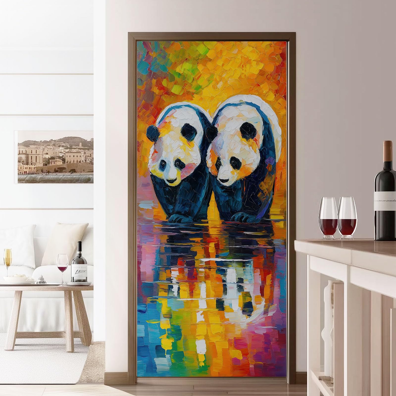 Naklejki na drzwi 3D zwierzę panda, samoprzylepny plakat z PCV abstrakcyjny wzór geometryczny obraz, wielokolorowe naklejki na drzwi tapeta dekoracyjny plakat do sypialni kuchni, 80x210 cm