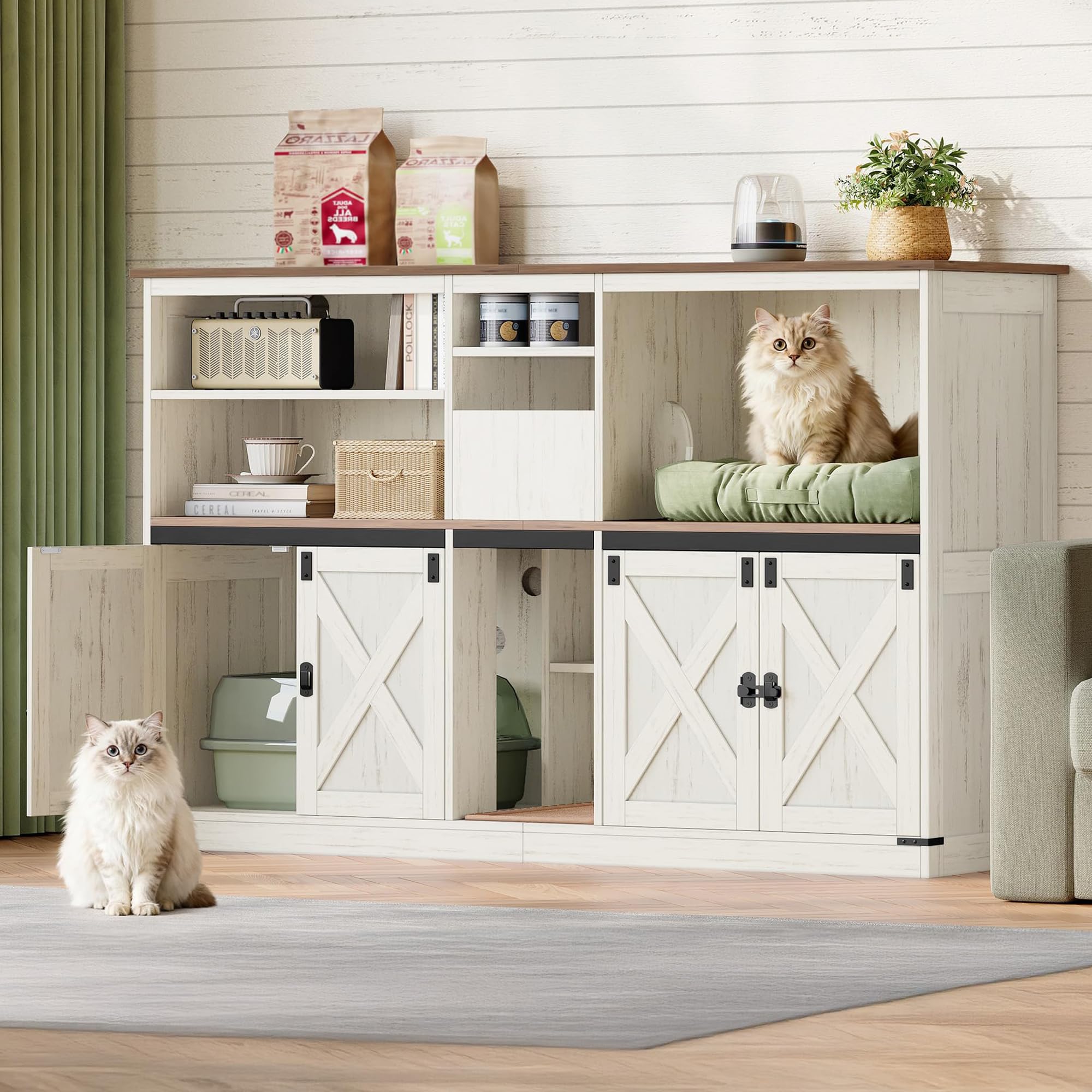 Double Cat Litter Box Enclosure for 2 Cats, Cat Cabinet with Large Storage Space, Hidden Litter Box with Scratch Pad, Farmhouse Cats House, TV Stand End Table, Rustic Brown and White CB97014X