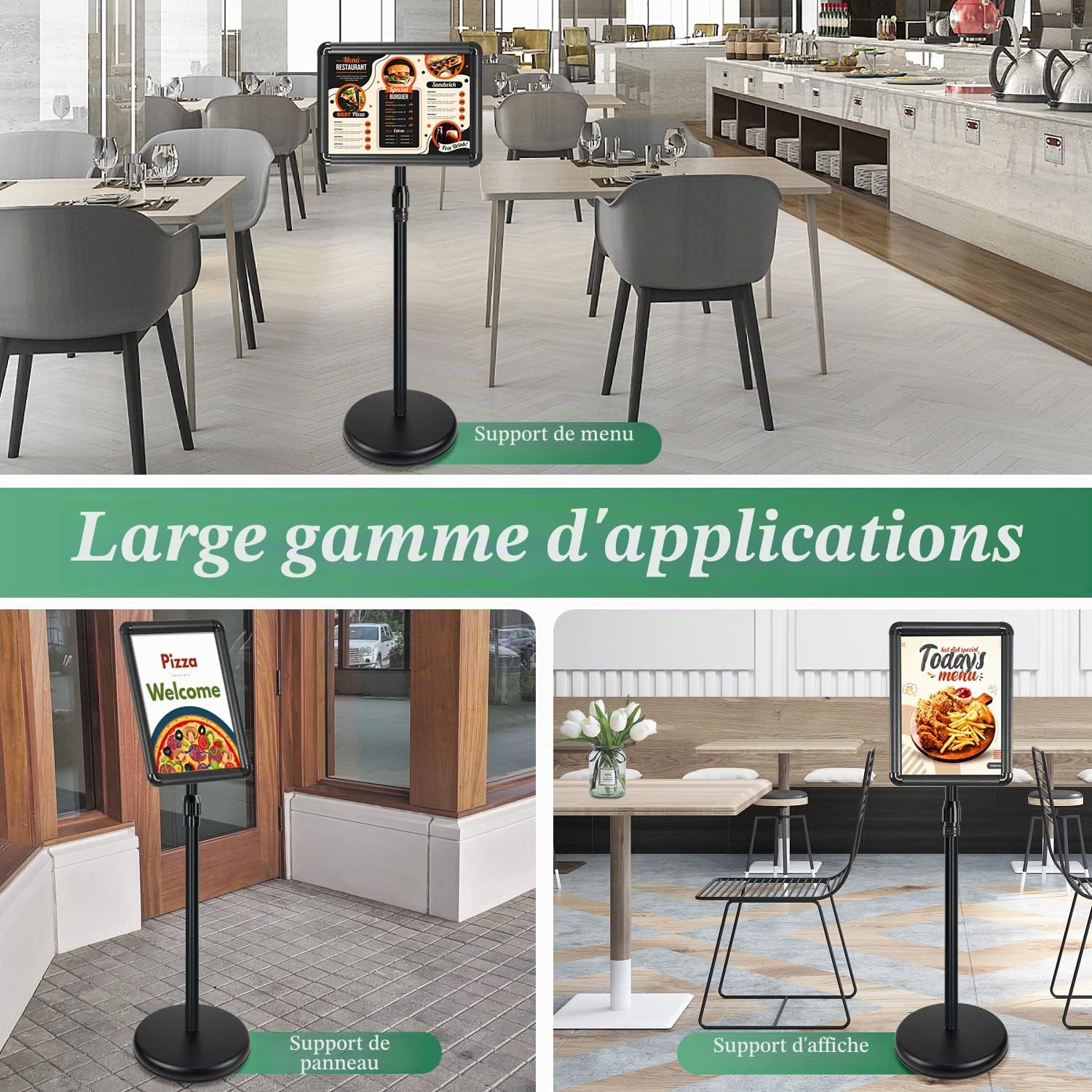 Lot de 6 Porte affiche A4 porte affiche sur pied, supports de panneau A4 porte menu restaurant avec cadre pression et support publicitaire pour présentation/publicité/ventes d'affichage (Noir)