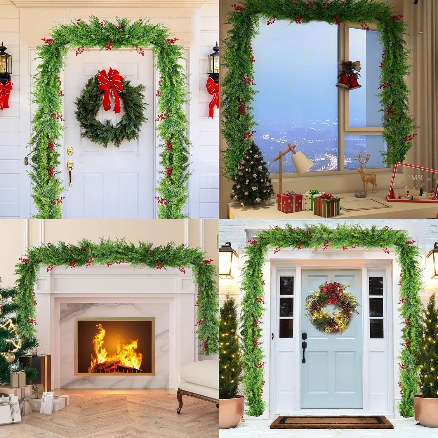 Guirnalda de pino artificial de Norfolk, guirnalda de pino de invierno de tacto real, guirnalda de vegetación artificial verde para mesa, manto, pared, interior y exterior, decoraciones de Navidad (9