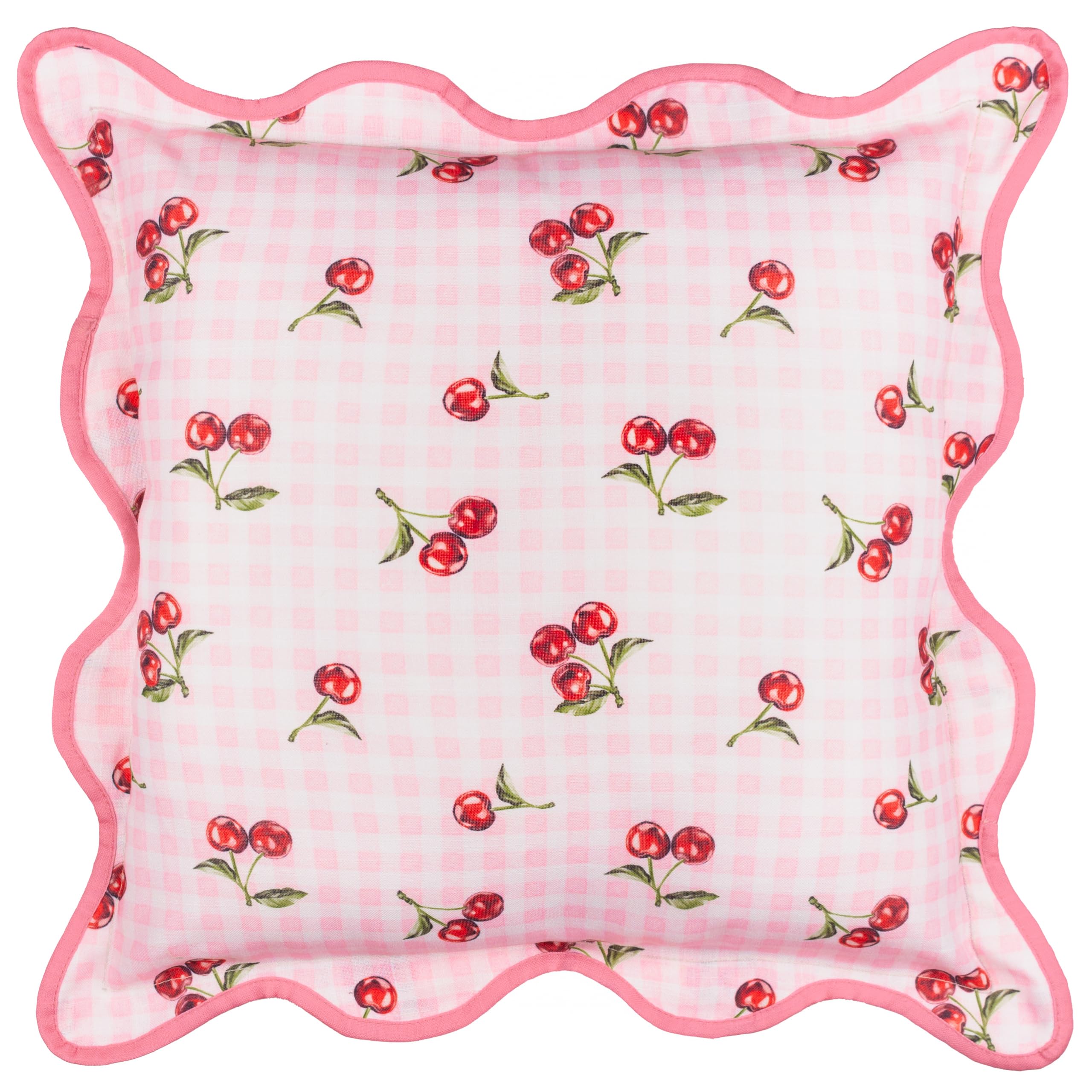 Furn. Pink Fruits Cherries Cushion Cover – Water Resistant Gingham Cherry Fruit Outdoor Wiggle Piped Edge Decorative Case ( - 45X45cm)