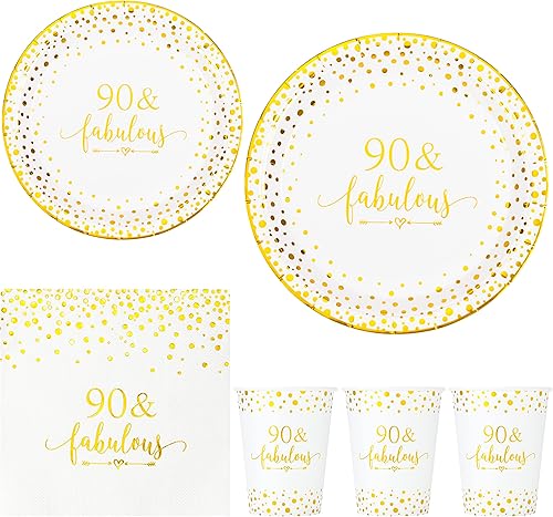 Crisky Juego de 90 servilletas de papel de aluminio dorado para mujer, suministros de decoración de fiesta de cumpleaños número 90, vajilla
