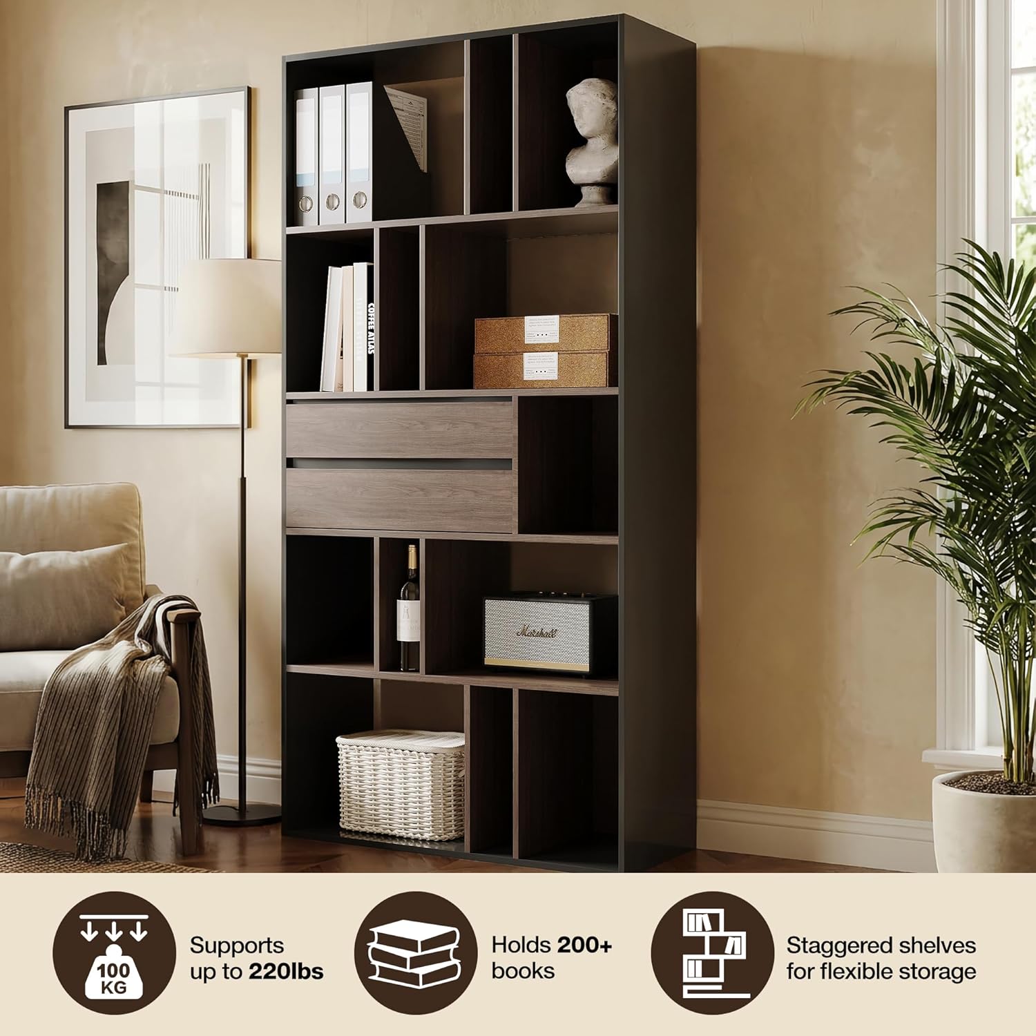 70.8 Inch Book Shelf with 2 Storage Drawers Modern Storage Bookcase Large Display Stand for Home Office Living Room Bedroom Walnut