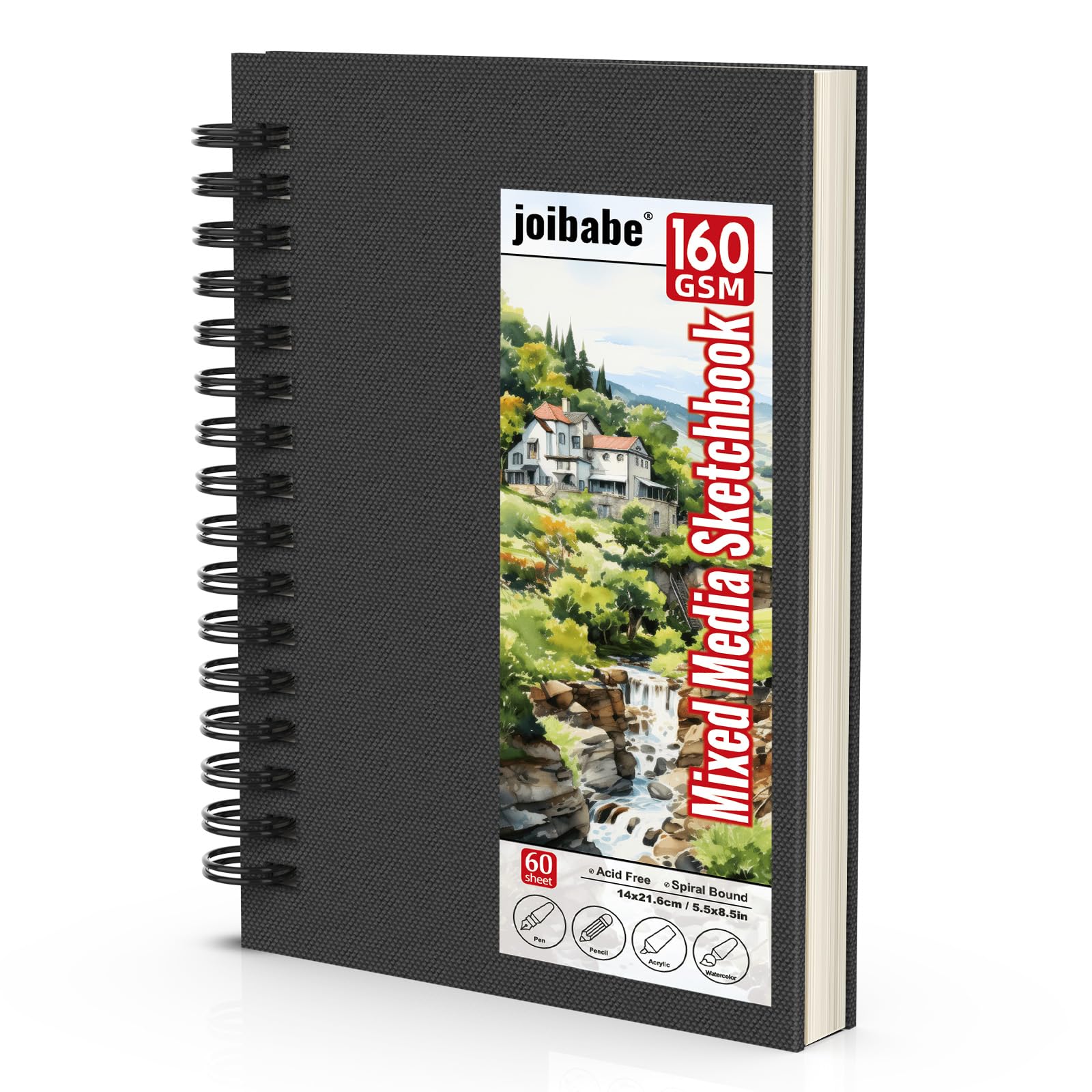 joibabe Skizzenbuch gemischte Medien, 160 gsm, 60 Blätter, 14x21,6 cm（A5）, Spiralbindung, säurefreies Papier, Kunstzeichnen, Aquarell, Acryl, Bleistift, Marker, Schwarz