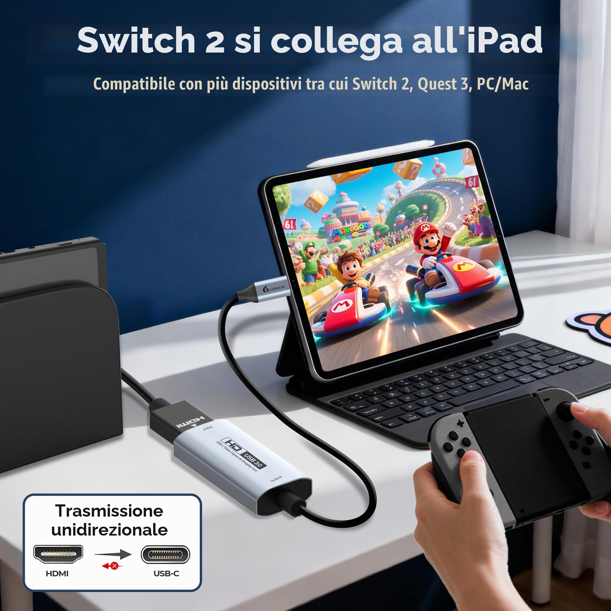 Guermok Scheda di acquisizione video USB 3.0 con PD 100W, 1080P@60FPS HDMI a USB-A/C, con adattatore Type-C, per streaming su Quest 3 / Pad/MacOS/Switch2/1, Argento