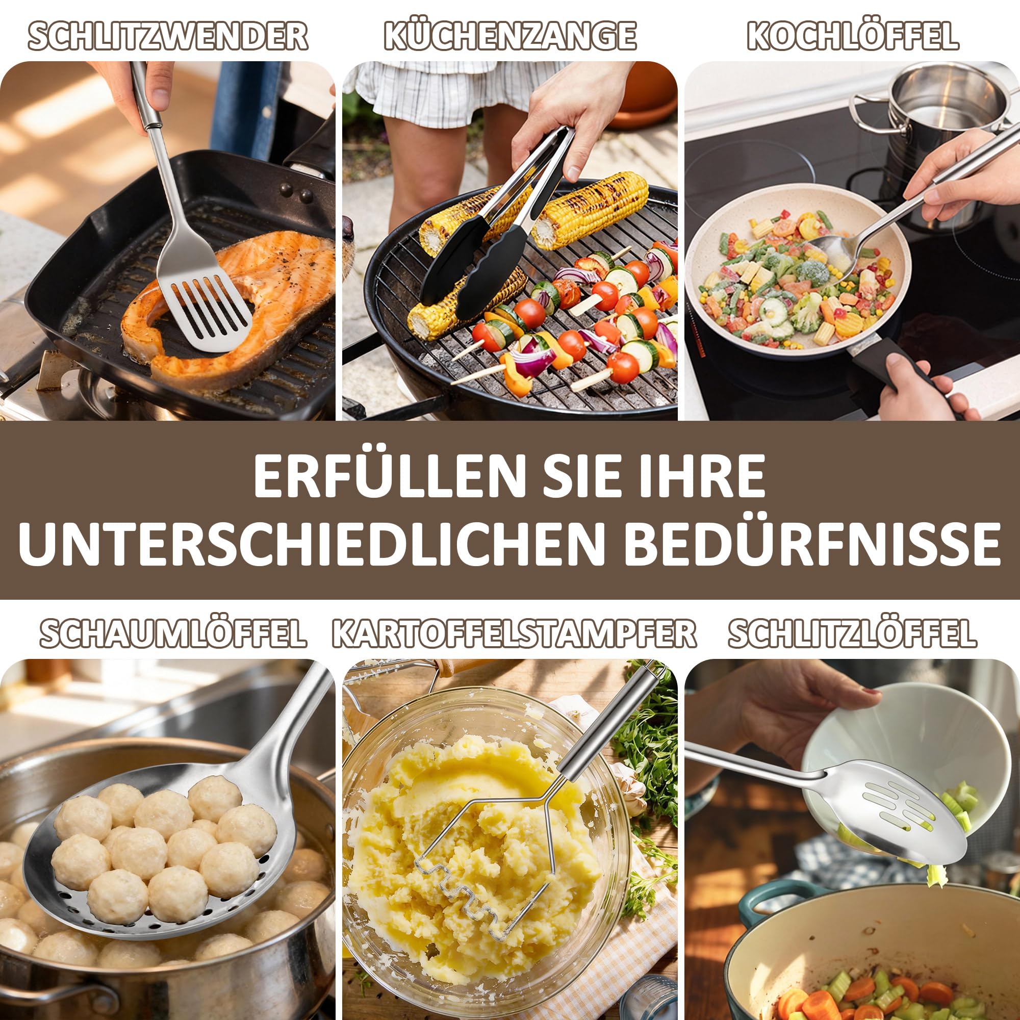 Joyfair Set di 10 utensili da cucina in acciaio inox (10)