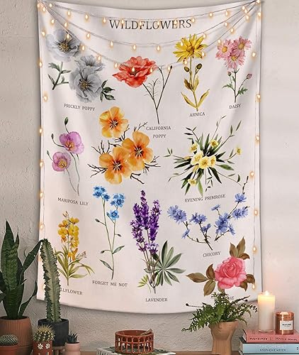 Lifeel Tapiz vertical de flores silvestres para colgar en la pared, tabla de referencia ilustrativa con palabra, tapiz recto de bandera de tarot