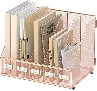 SUPEASY Desk Organizers Metal Desk Magazine File Holder with 5 Vertical Compartments Rack File Organizer for Office Desktop, Home Workspace, Rose Gold