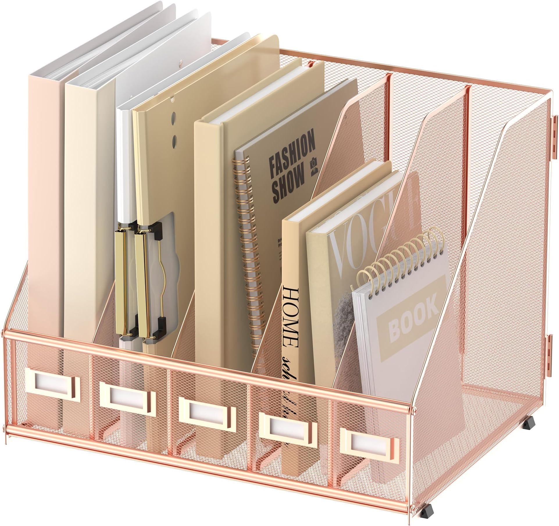 SUPEASY Desk Organizers Metal Desk Magazine File Holder with 5 Vertical Compartments Rack File Organizer for Office Desktop, Home Workspace, Rose Gold