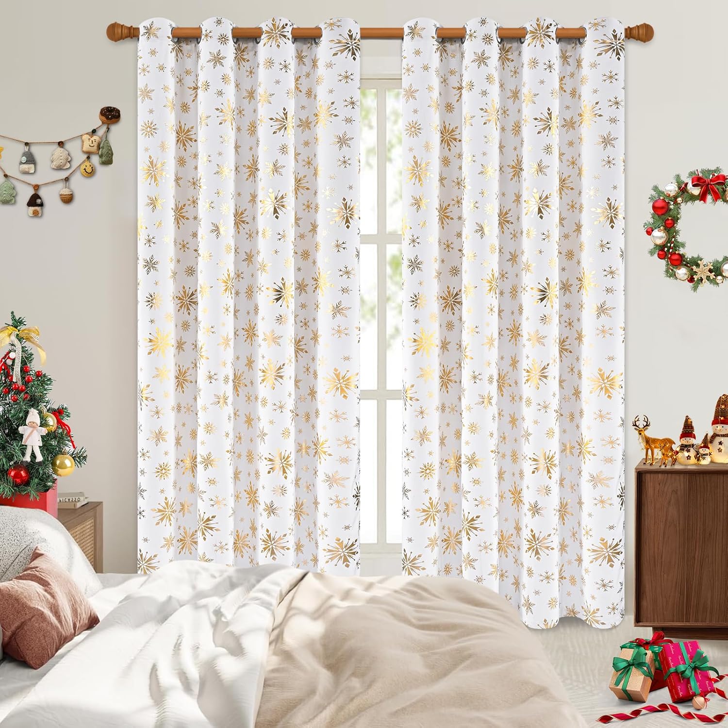 ASPMIZ Christmas Curtains for Living Room, Gold Snowflake Foil Print Curtain, Velvet Blackout Curains for Bedroom, Christmas Drapes 84 Inch Length 2 Panels Set, Thermal Insulated Grommet Curtain White