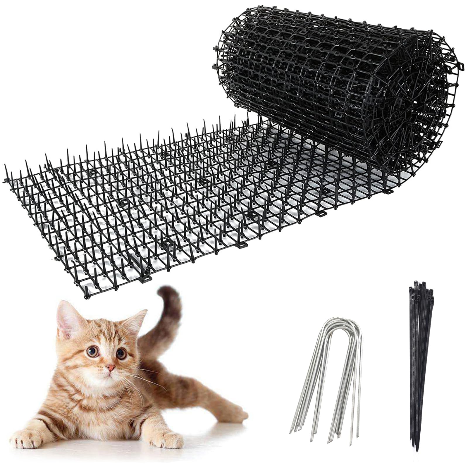 30x200CM Anti Cat Spikes - Black Plastic Cat Scat Mat with Spikes, Cat Repellent Mat Prickle Stirp Pet Deterrent Net with 8Pcs U-shaped Pegs and 8Pcs Ties for Garden, Fence, Indoor, Outdoor