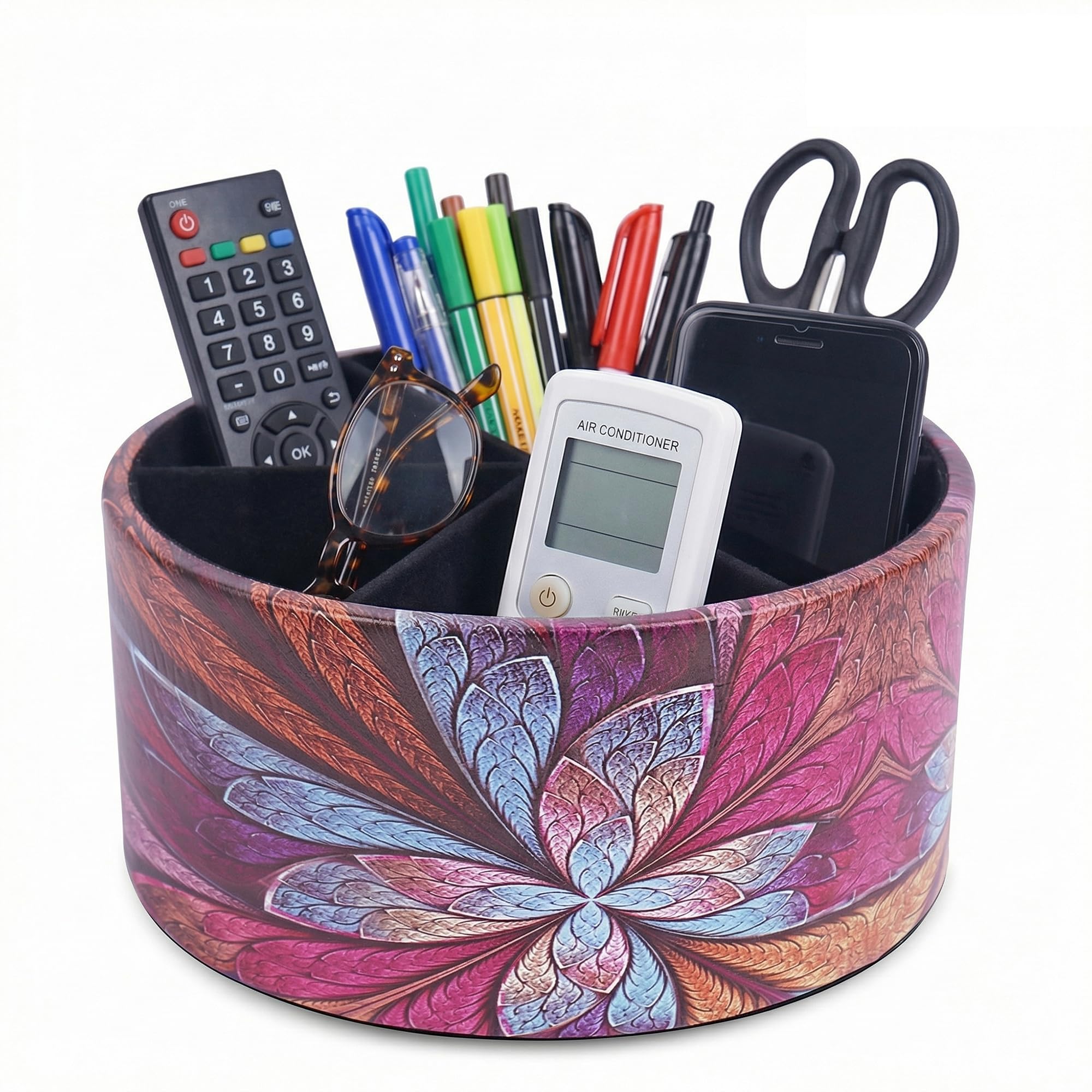 Czzmy Women's 1B-Purple Flower Remote Control Holder, 360°Spinning Pu Leather Desk Tv Remote Caddy,Desk Storage Box Room Accessories For Controller, Media,Mail,Calculator, Mobile Phone,Pencil(1B-Purple Flower)