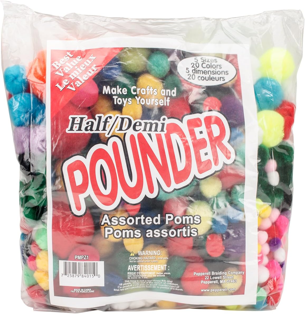 Pepperel Pom Poms Half Pounder Assorted Approximately 750/Pkg, Standard