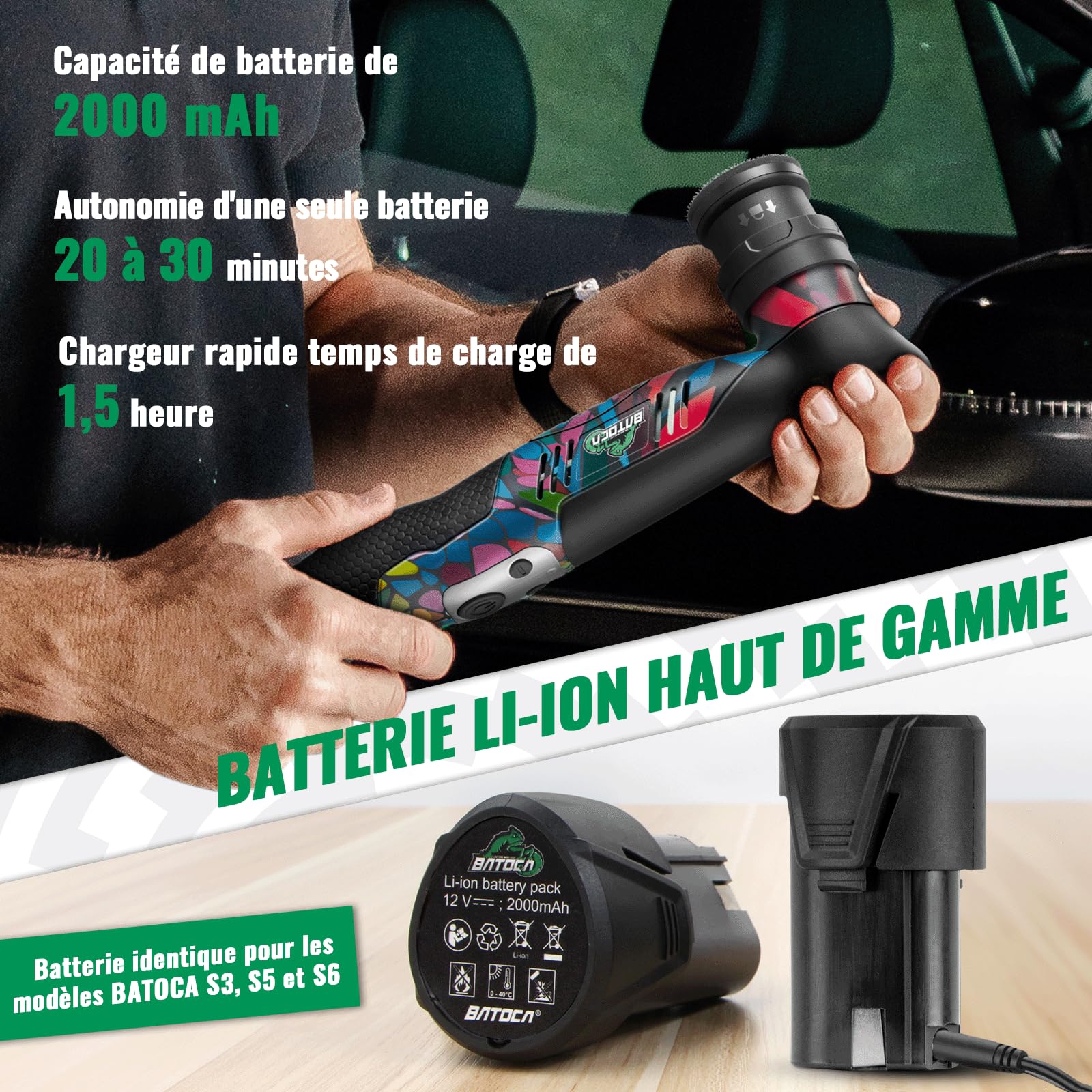 BATOCA S5 Mini Polisseuse Voiture Sans Fil Polisseuse Orbitale et Rotative | Pour Voiture Kit Polissage Voiture Kit de Disques de Polissage 25/50/75mm lot de 2 Batteries 12V 6 Vitesses 2000 à 5500tr/min