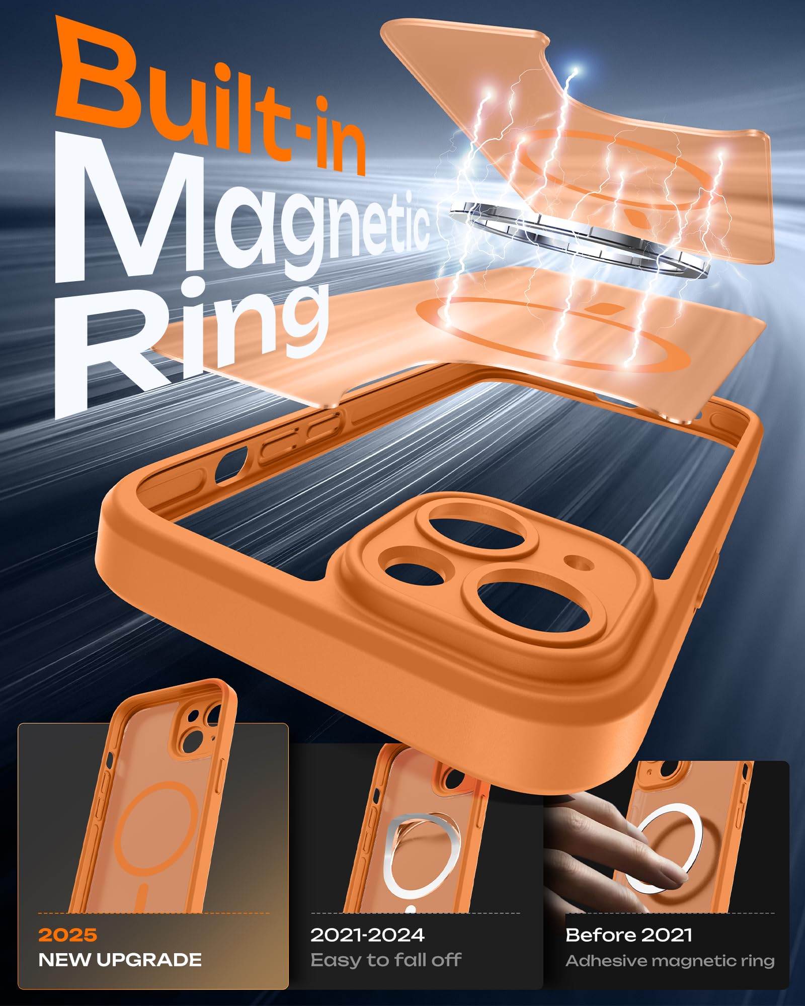 TOCOL Cover Magnetica per iPhone 15 6,1 Pollic, Compatibile con MagSafe, Protezione Fotocamera Integrata, Custodia Antiurto Traslucida Opaca, Arancione