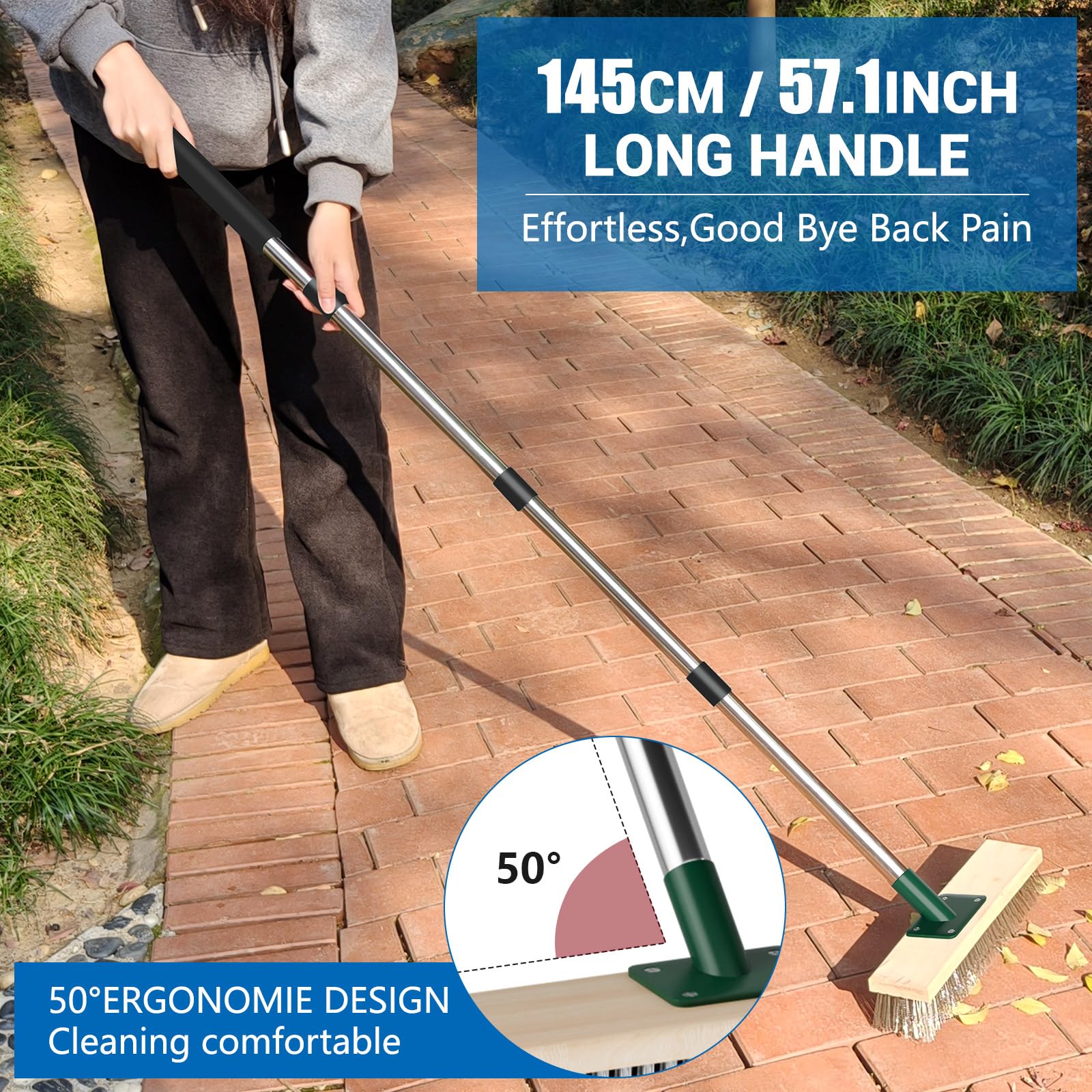 scopa robusta con setole in filo metallico per esterni, con manico lungo 144,8 cm, scopa per cortile e patio con setole rigide in metallo per rimuovere muschio e erbacce, spazzola per