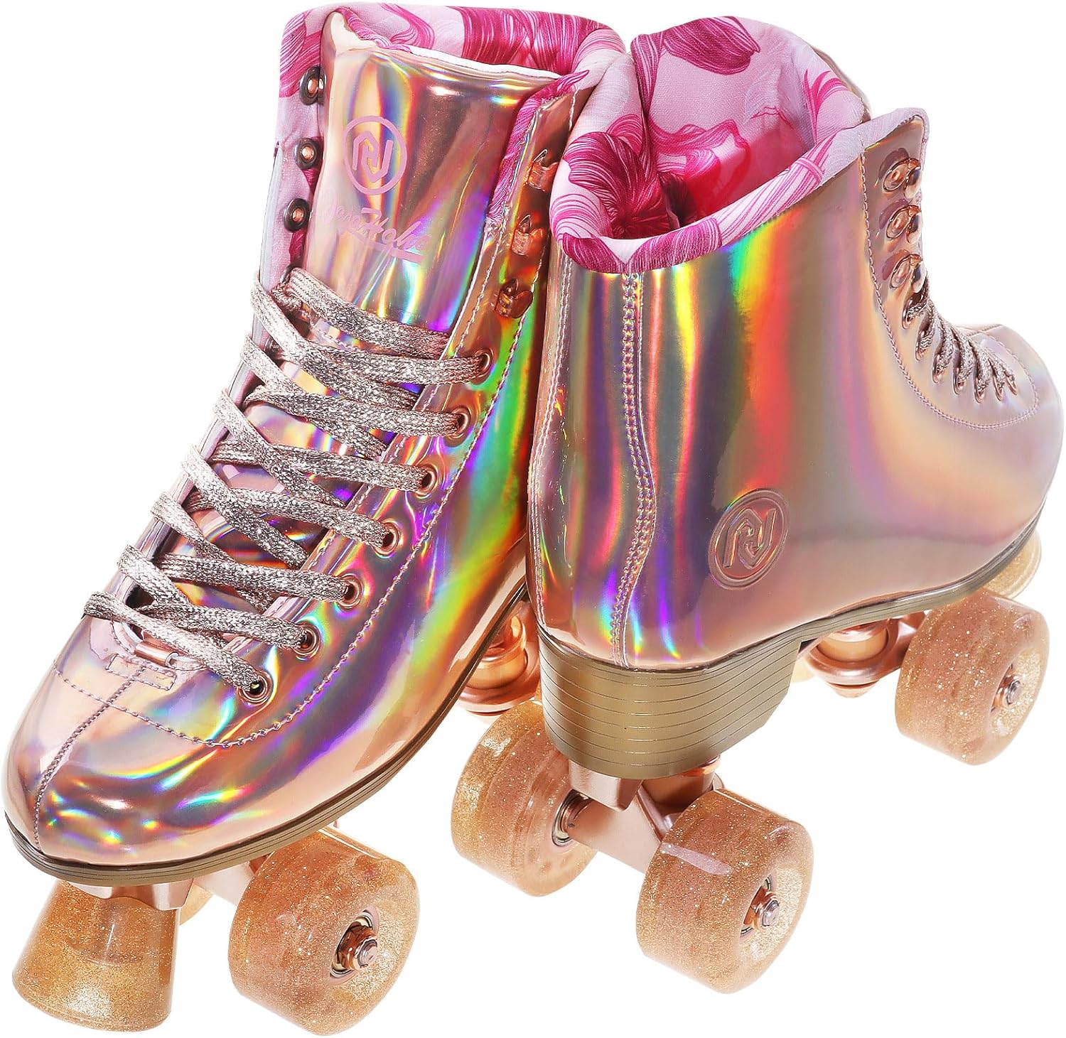 JajaHoho Roller Skates for Women, Holographic High Top PU Leather Rollerskates, Shiny Double-Row Four Wheels Quad Skates for Girls and Age 8-50 Indoor (Pink Rose Gold)